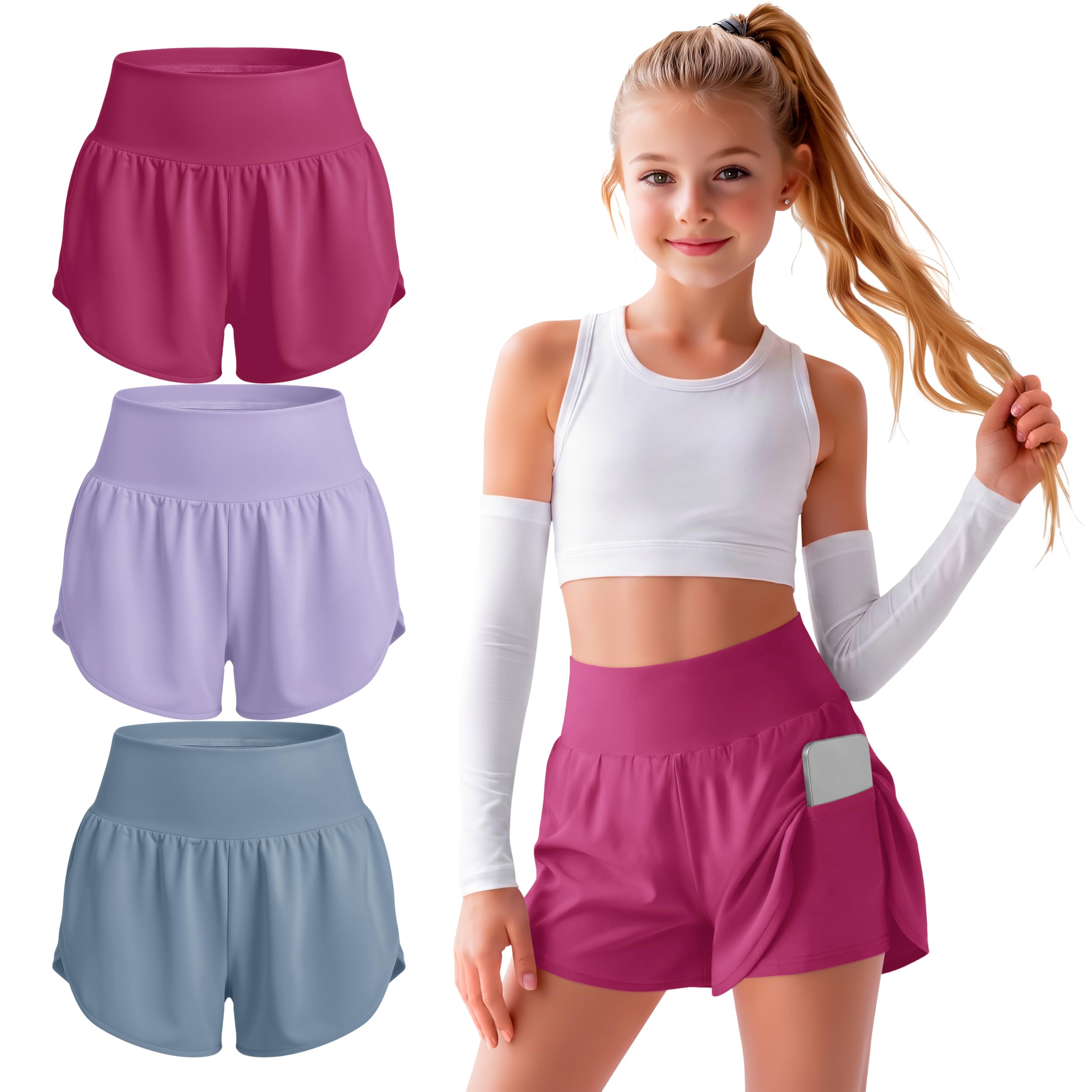 Didaey Sportliche Yoga-Shorts für Mädchen, mit Innenfutter, 2-in-1, schnelltrocknend, hohe elastische Taille, Sommershorts mit Taschen, 3 Stück