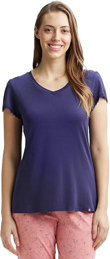 Jockey RX12 Women's Micro Modal Cotton Relaxed Fit Solid V Neck Half Sleeve T-Shirt with Lace Trim On Sleeves