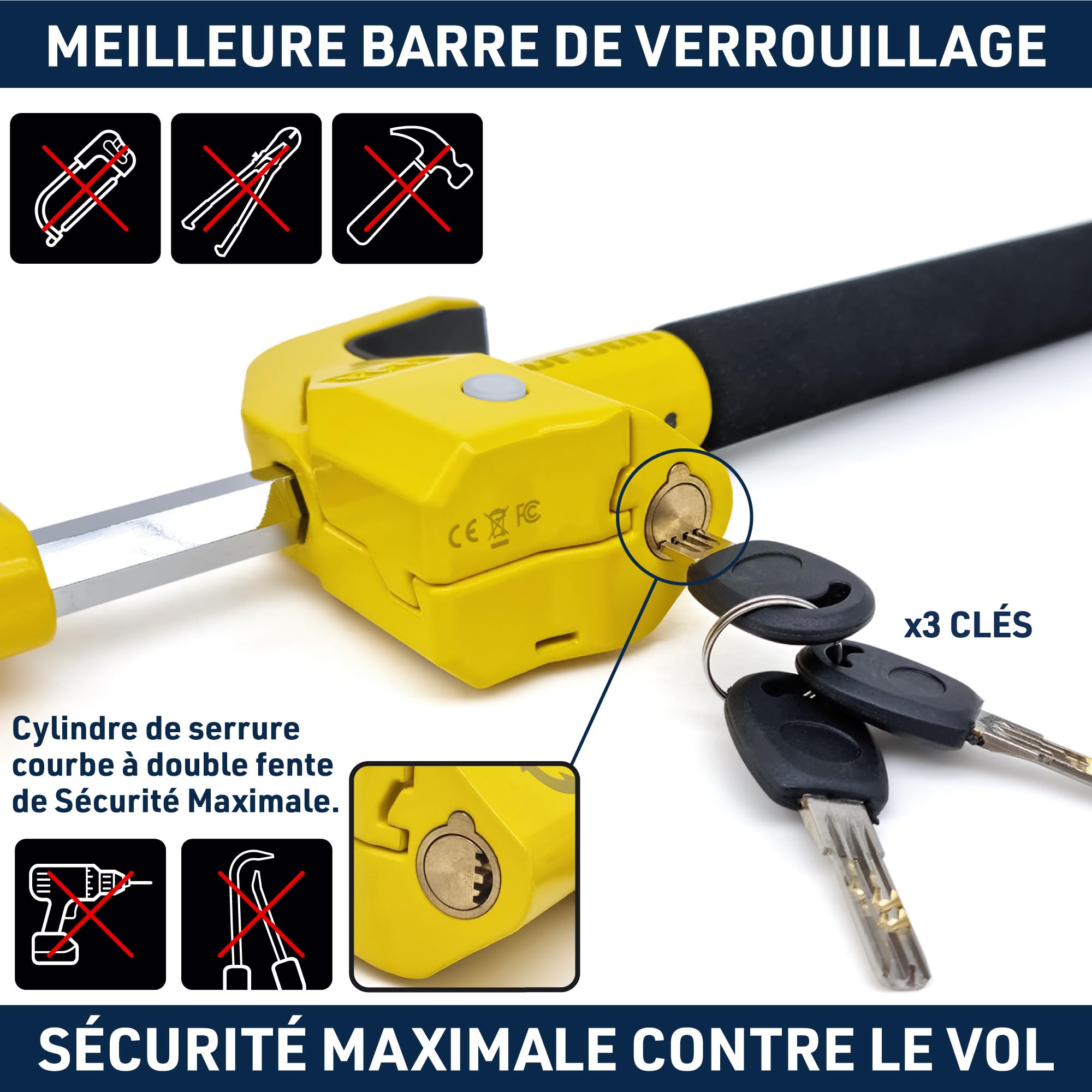 URBAN UR978Y Antivol Voiture Double Sécurité | Canne Antivol Voiture + Alarme Hi-Tech 120dB LED Warning | Sûr, Dissuassif, Résisté Tentative Vol | Bloque Volant Breveté, Barre Bloc Auto Universelle