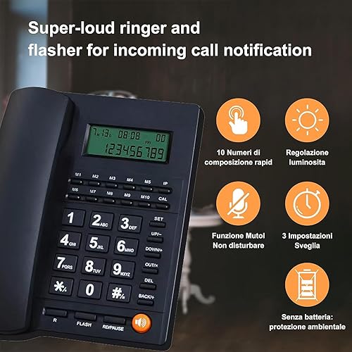 Miniatura 3 de Teléfono fijo con cable con doble identificación de llamadas, brillo LCD ajustable, 16 tonos de llamada, alarma y funciones antirrobo, ideal para el