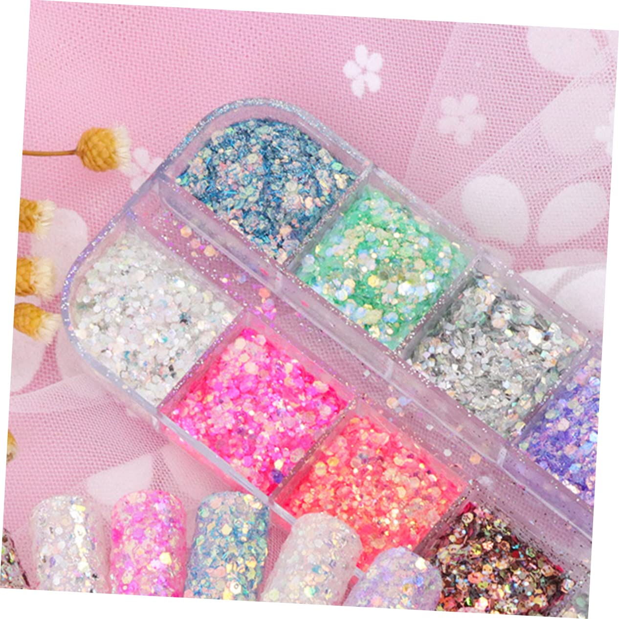 Healeved 12 Compartment Candy Manicure Glitter Sequin Stickers Nail Art Chips for Women