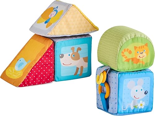 HABA Bloques suaves de animales para bebés de 6 a 12 meses – 5 juguetes sensoriales para bebés de forma geométrica con sonajero, espejo, chirriante