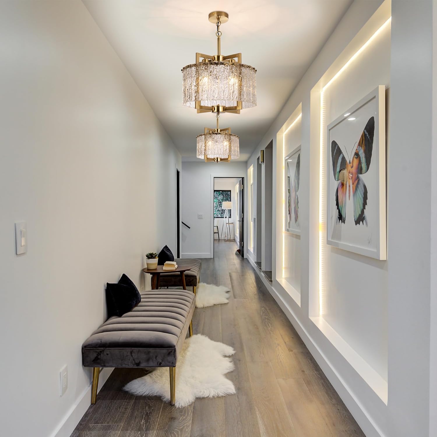 16" Gold Chandelier Light Fixture,Brass Pendant Modern Crystal Chandelier,Water Ripple Glass, Adjustable Height, Elegant Round Hanging Lighting for Kitchen Island Entryway Foyer Dining Room