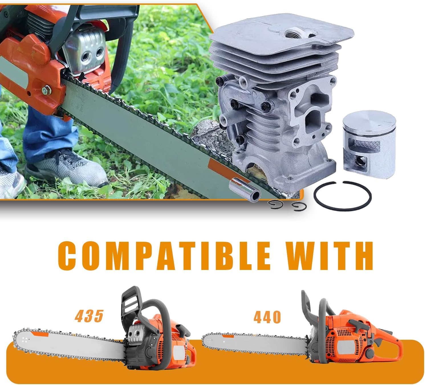 41mm 435 Cylinder Piston Kit ， For Husqvarna 435 435E 440 440E 435 II 440 II For Jonsered CS2240 Chainsaws - Complete Replacement Parts for OEM 504735101, 504735102, 504735103, 504735105