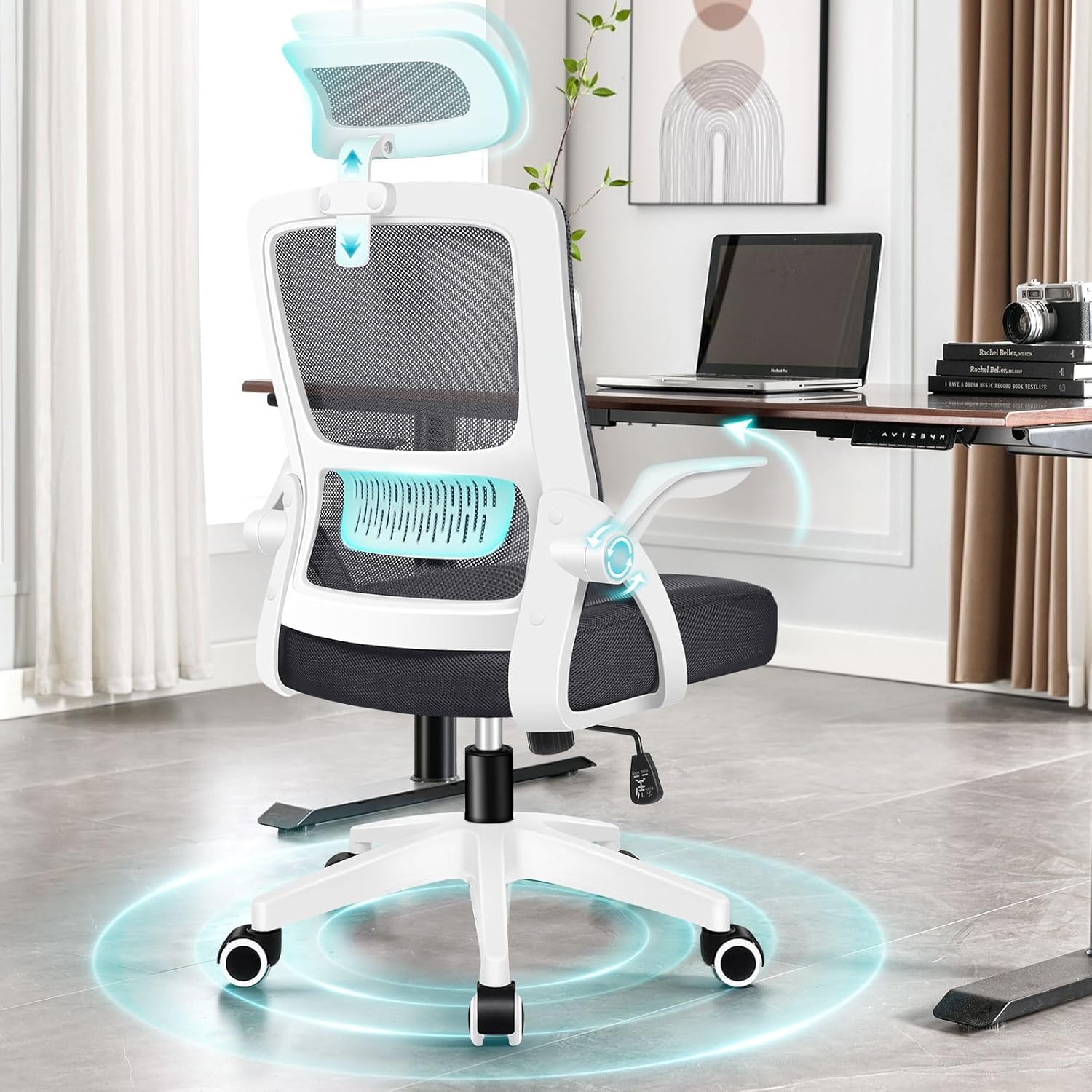 ALFORDSON Silla de Escritorio de Oficina Ergonómica, Silla de Computadora con Soporte Lumbar Dinámico, Silla Giratoria Inclinable con Reposabrazos Plegable, Blanco