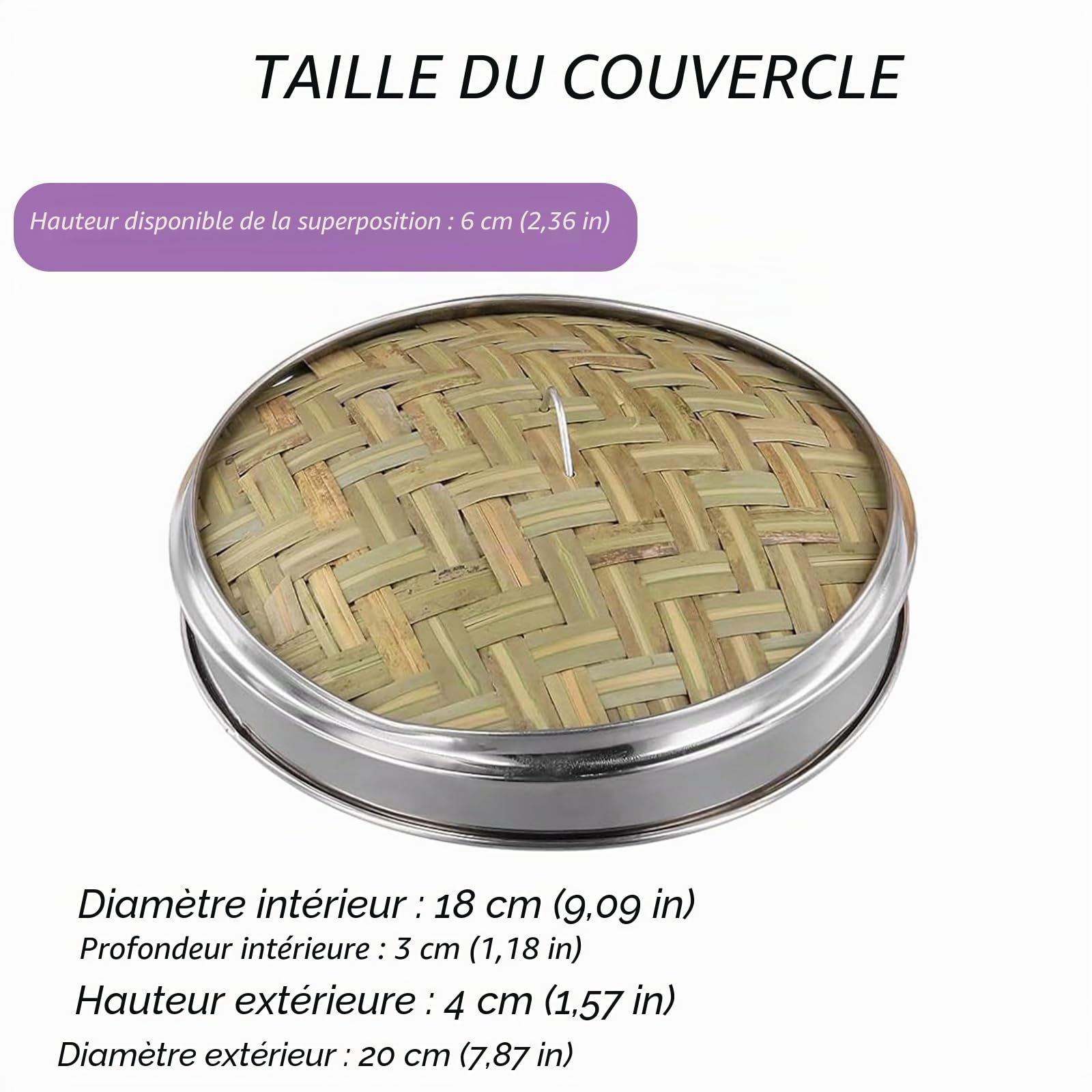 Panier vapeur en bambou de 20 cm avec couvercle, 4 niveaux en bambou avec bande en acier inoxydable pour petits pains, raviolis, dim sum