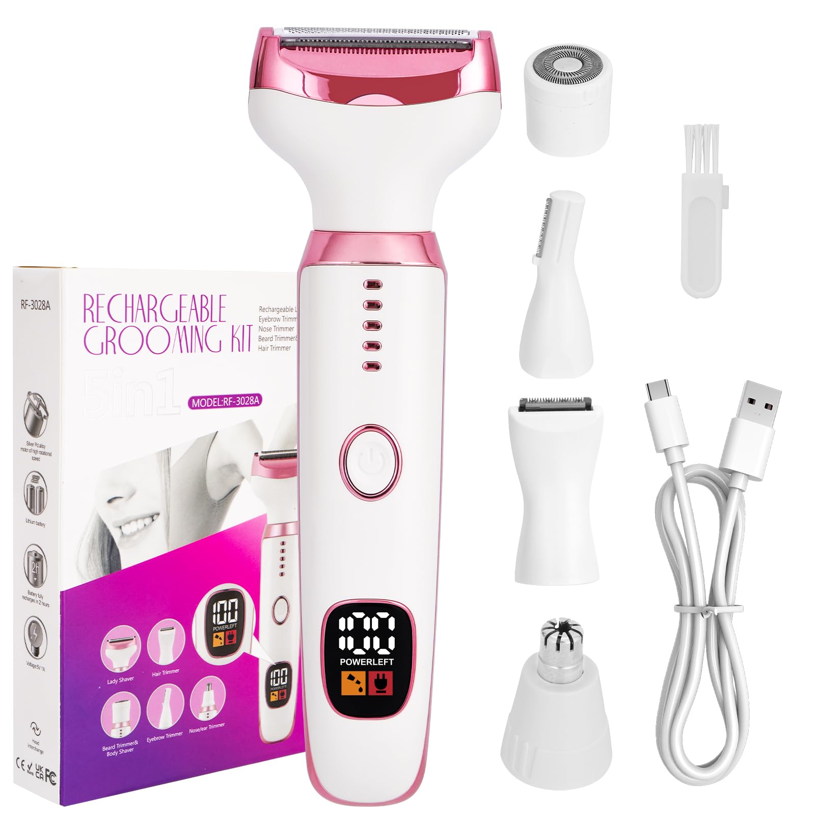 Afeitadora Eléctrica para Mujeres, Afeitadora Eléctrica de Cinco en uno para el Cuerpo, Afeitadora Seca y Húmeda Indolora para Bikini, Axilas, Piernas, Cejas y Nariz, Carga USB