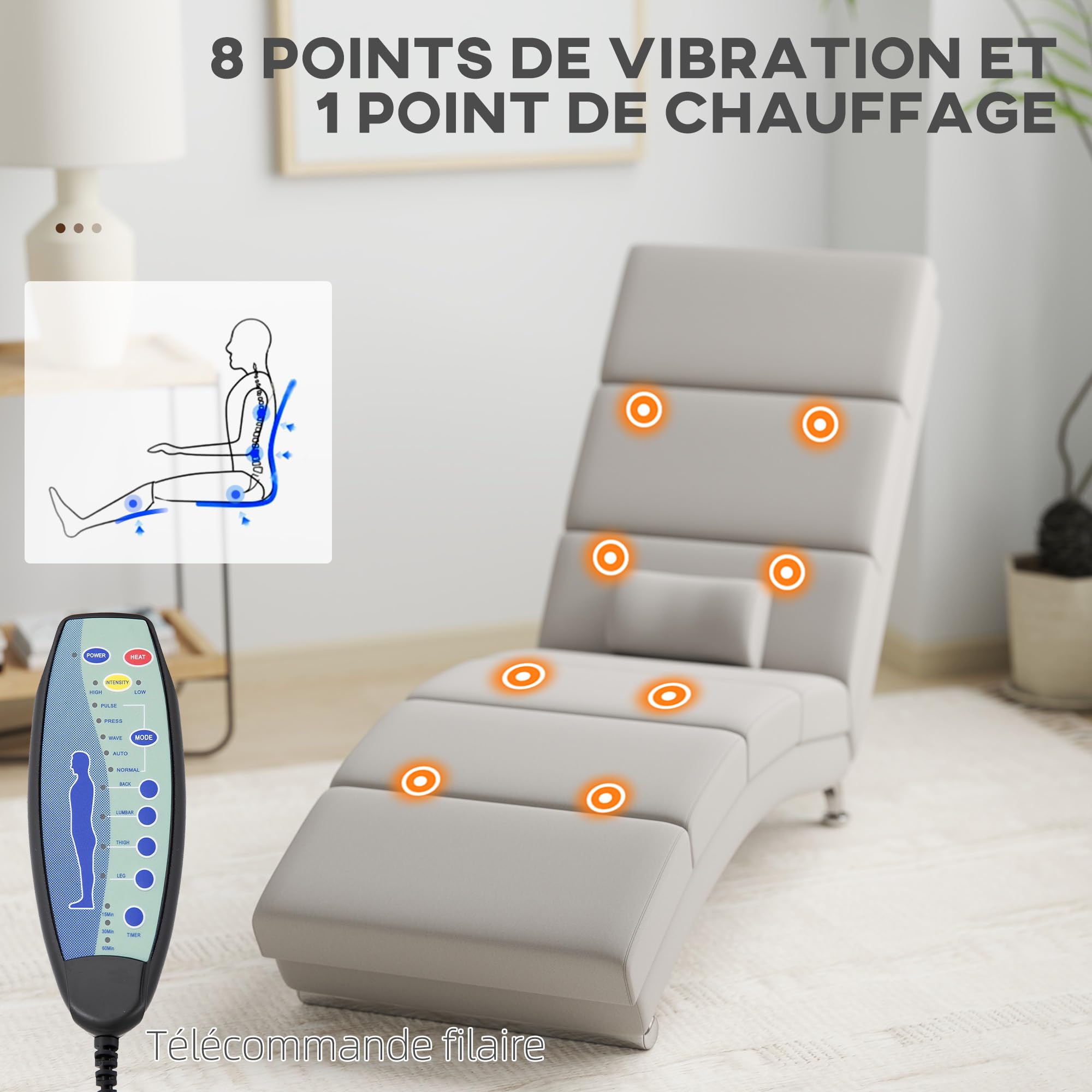 HOMCOM Sillón de Masaje y Calefacción Lounge Chaise Longue Reclinable con Mando a Distancia y Almohada para Dormitorio y Salón, Tejido Efecto Lino Crema | Meridienne, chaise longue de interior, almohada, mando a distancia, para dormitorio, sala de estar