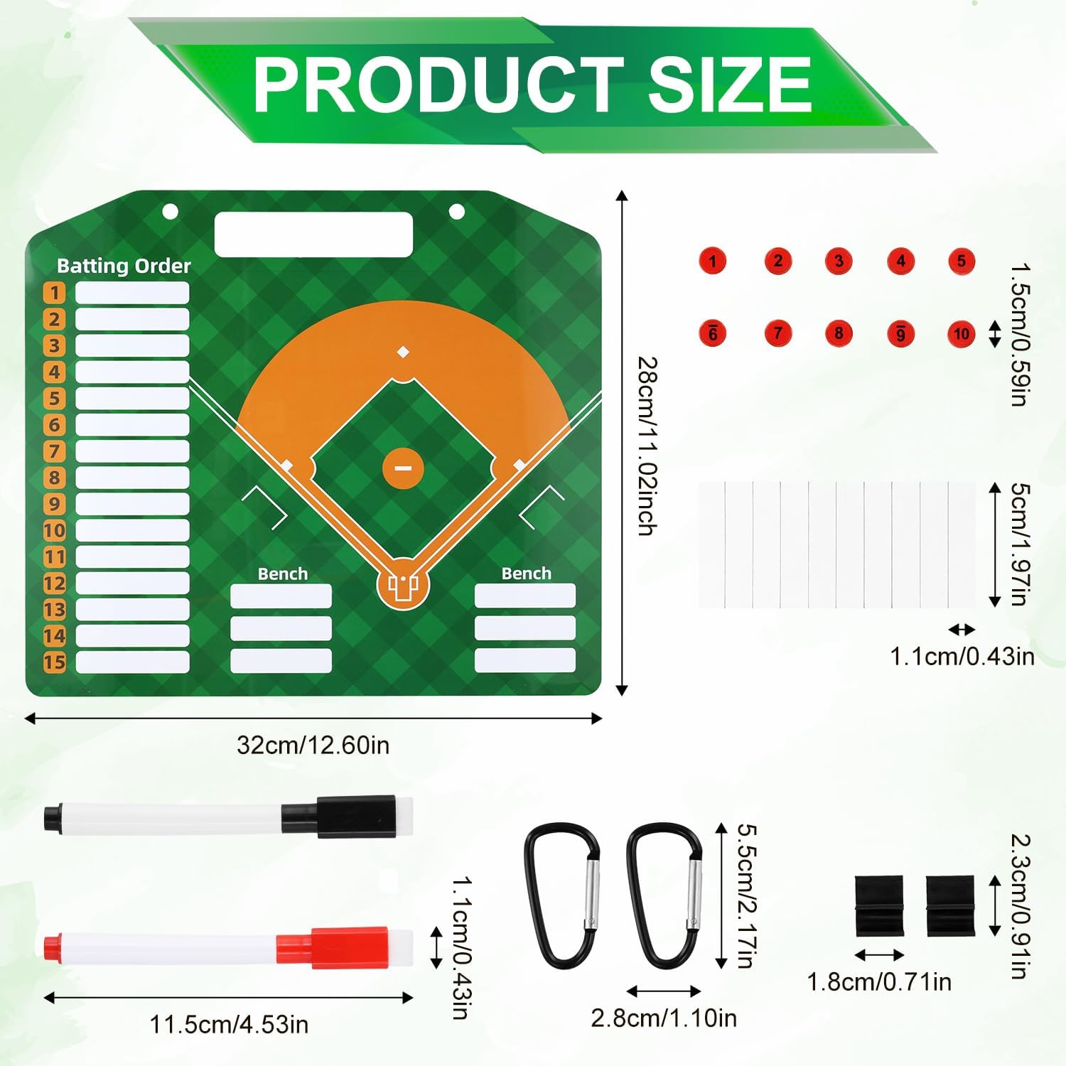 Magnetic Baseball Lineup Board, Dry Erase Coaches Clipboards Softball Dugout Board Baseball Coaching Board for Coaches Baseball Coaching Accessories, Medium, green, white