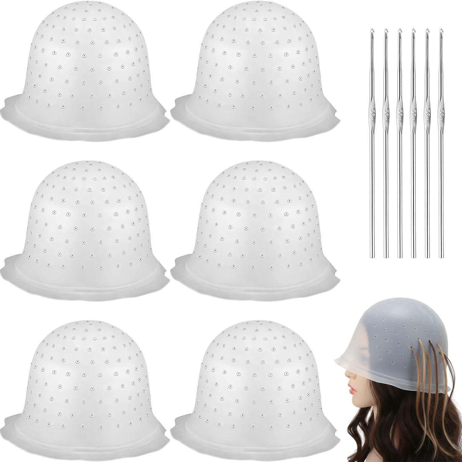 Chicingyou 6 Set Silicone Highlight Cap for Highlighting Hair - Pre-Punched Holes Reusable Cap with Needle, Professional Hairdressing Dyeing Tools for Salon Home Women Men