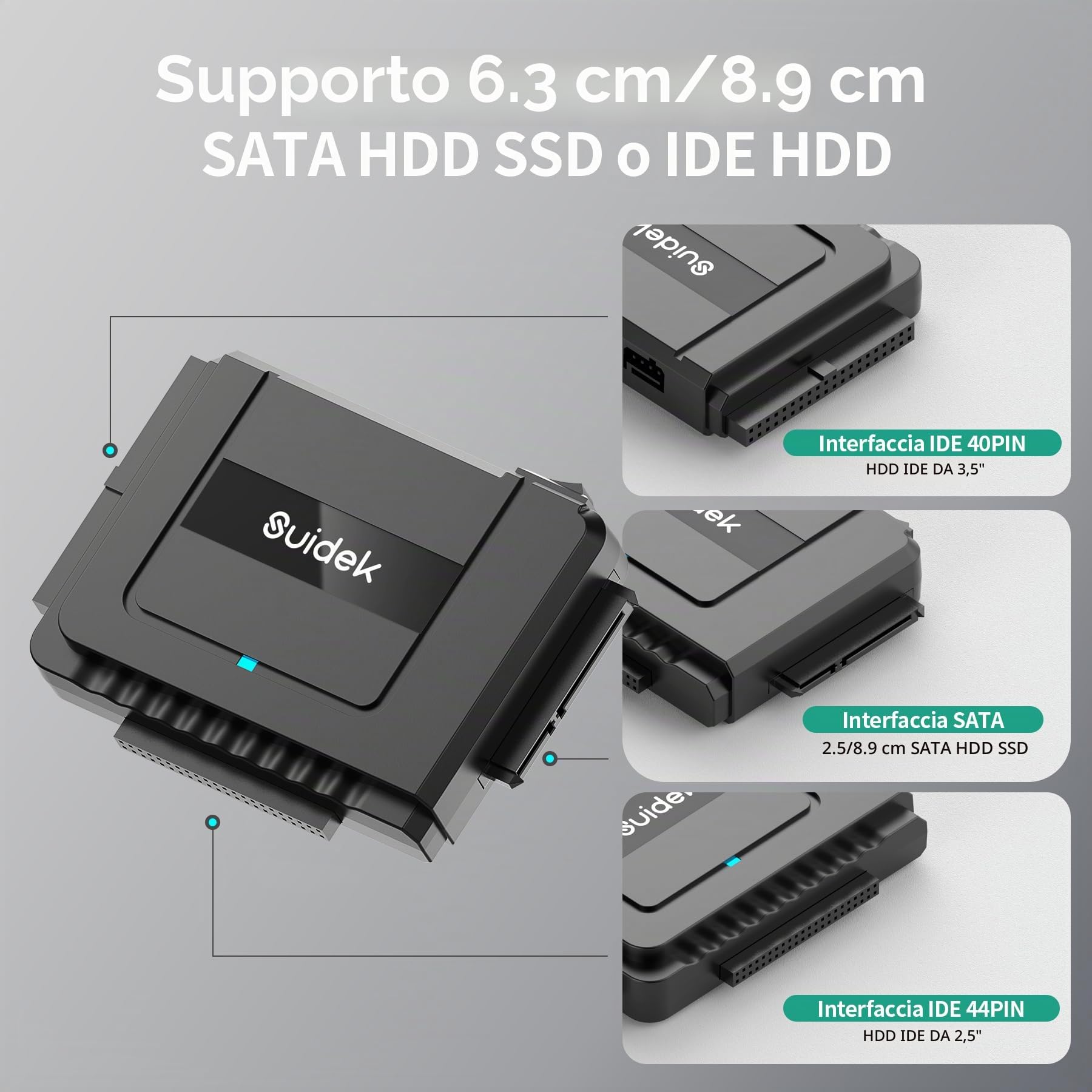 SUIDEK Adattatore da USB C a SATA IDE, adattatore per disco rigido IDE esterno per disco rigido universale da 2,5/3,5 pollici HDD/SSD, kit convertitore SATA con adattatore di alimentazione 12V/2A