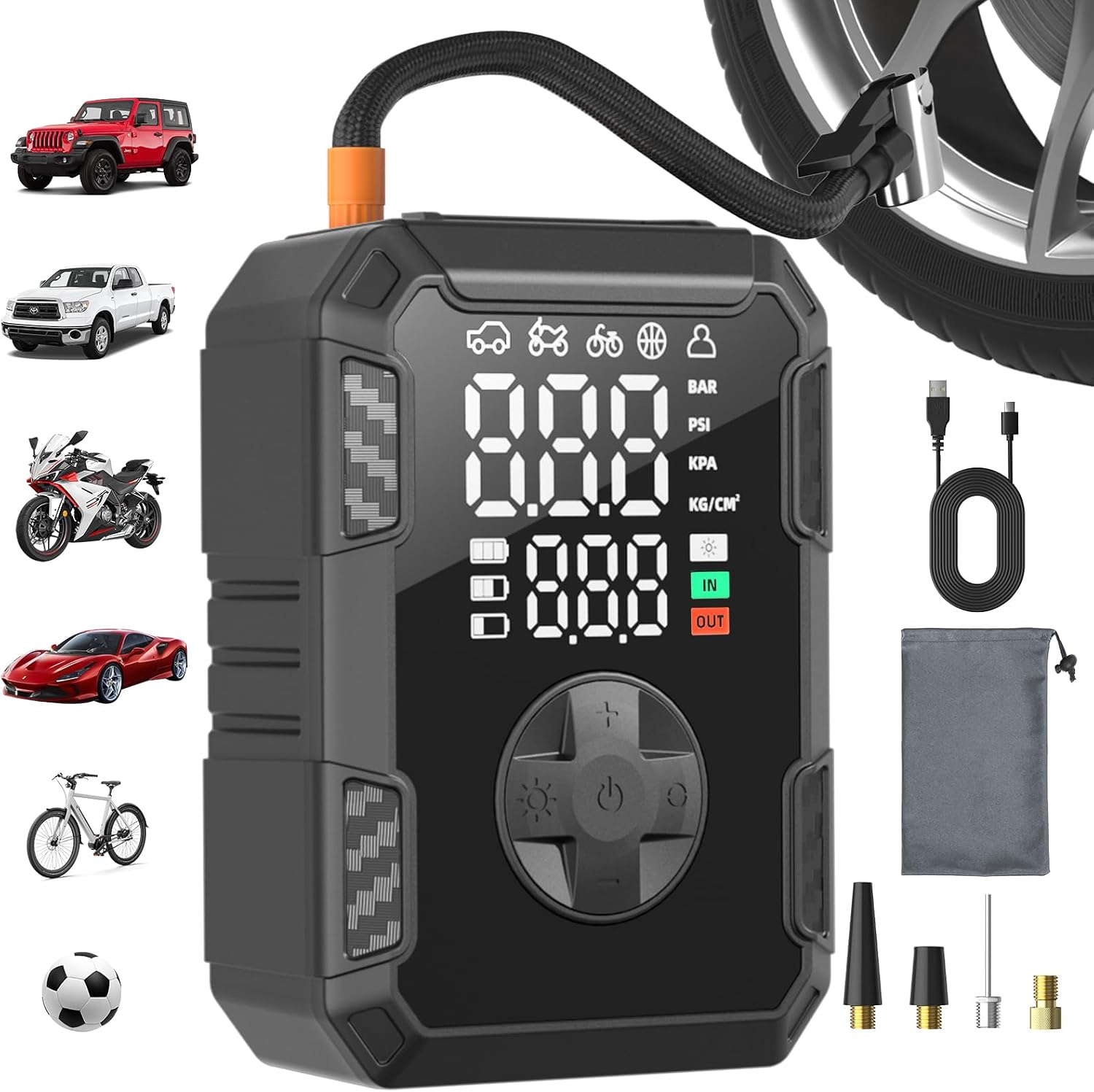 Oasser Tire Inflator Cordless 150PSI with Complete Kits Car/Motor/Bike/Ball | Fast Inflation, Auto Stop, 5-Preset, Dual LCD, Quick Chuck, 3-Mode LED, USB Output, Memory, Bag, Road Trips, Emergency