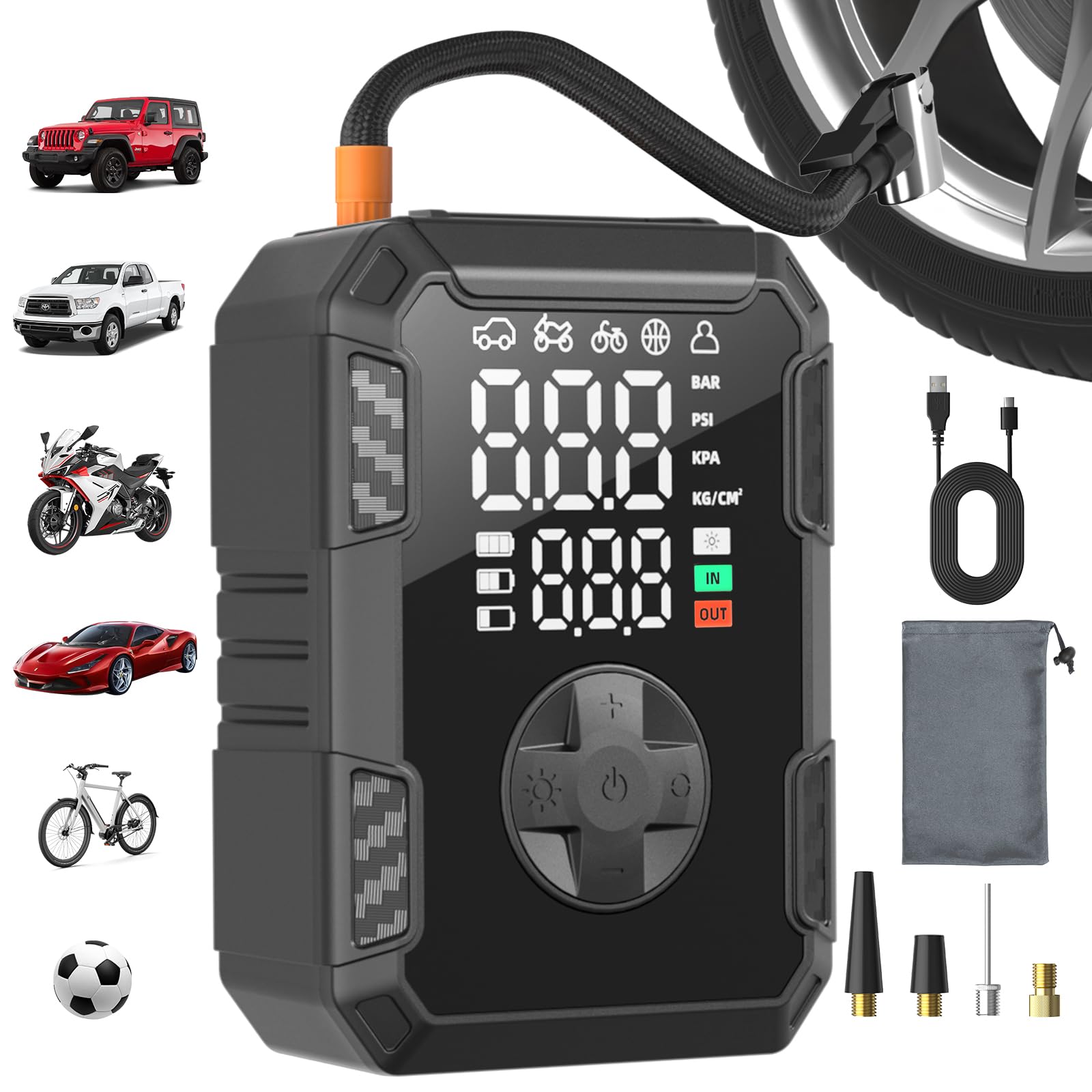 Oasser Portable Air Compressor 150 PSI (10.3 Bar) Inflator Wheels Car 19 mm Cylinder Rechargeable Small LED Light Storage Bag 30 cm Hose for Car Motorcycle Bike Ball