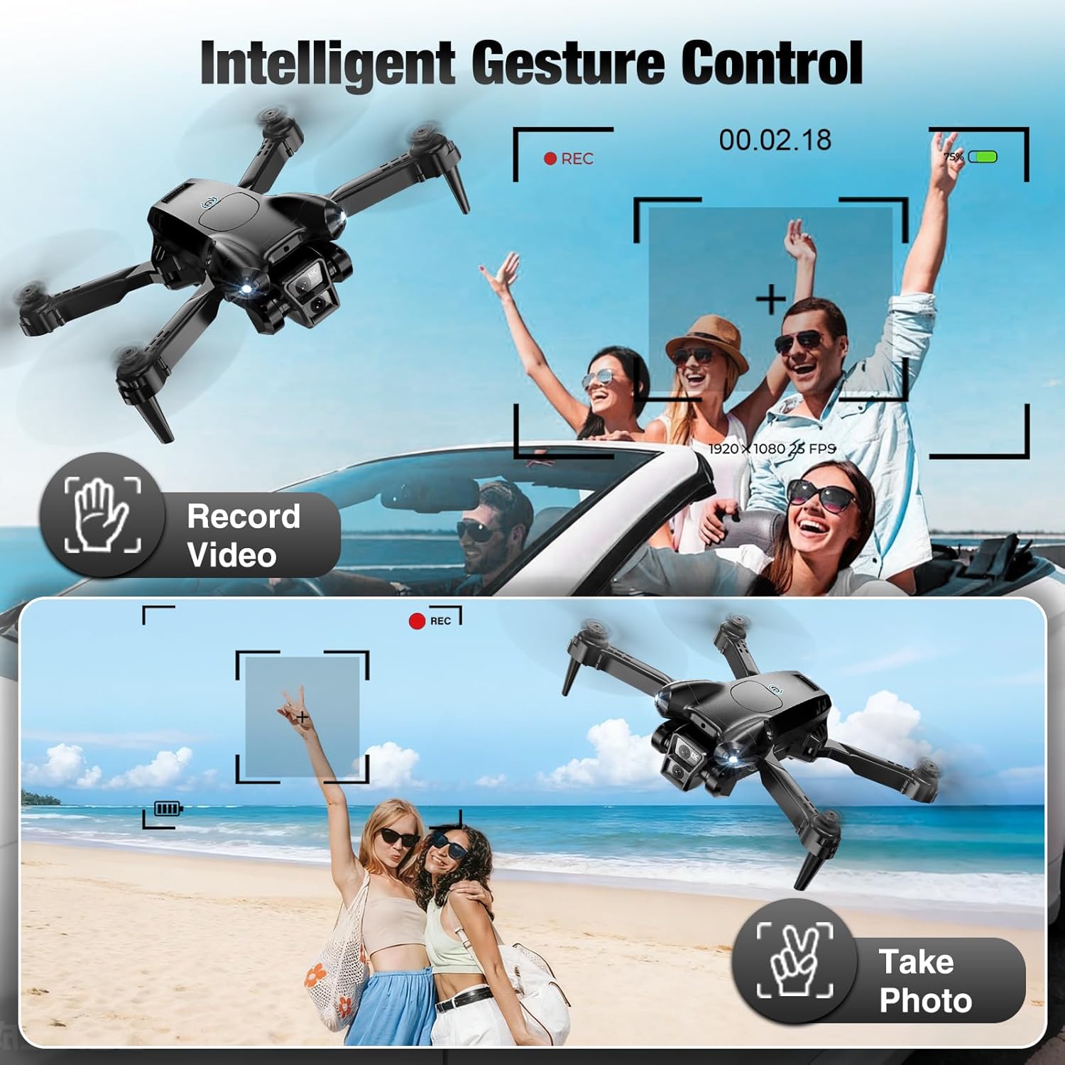 Drone with Camera 1080P HD,Mini Drone for Beginners Kids Adults,Foldable RC Quadcopter with Stable Hover,Trajectory Flight,One Key Take Off/Land,2 Batteries,Toys for Boys and Girls（Black)