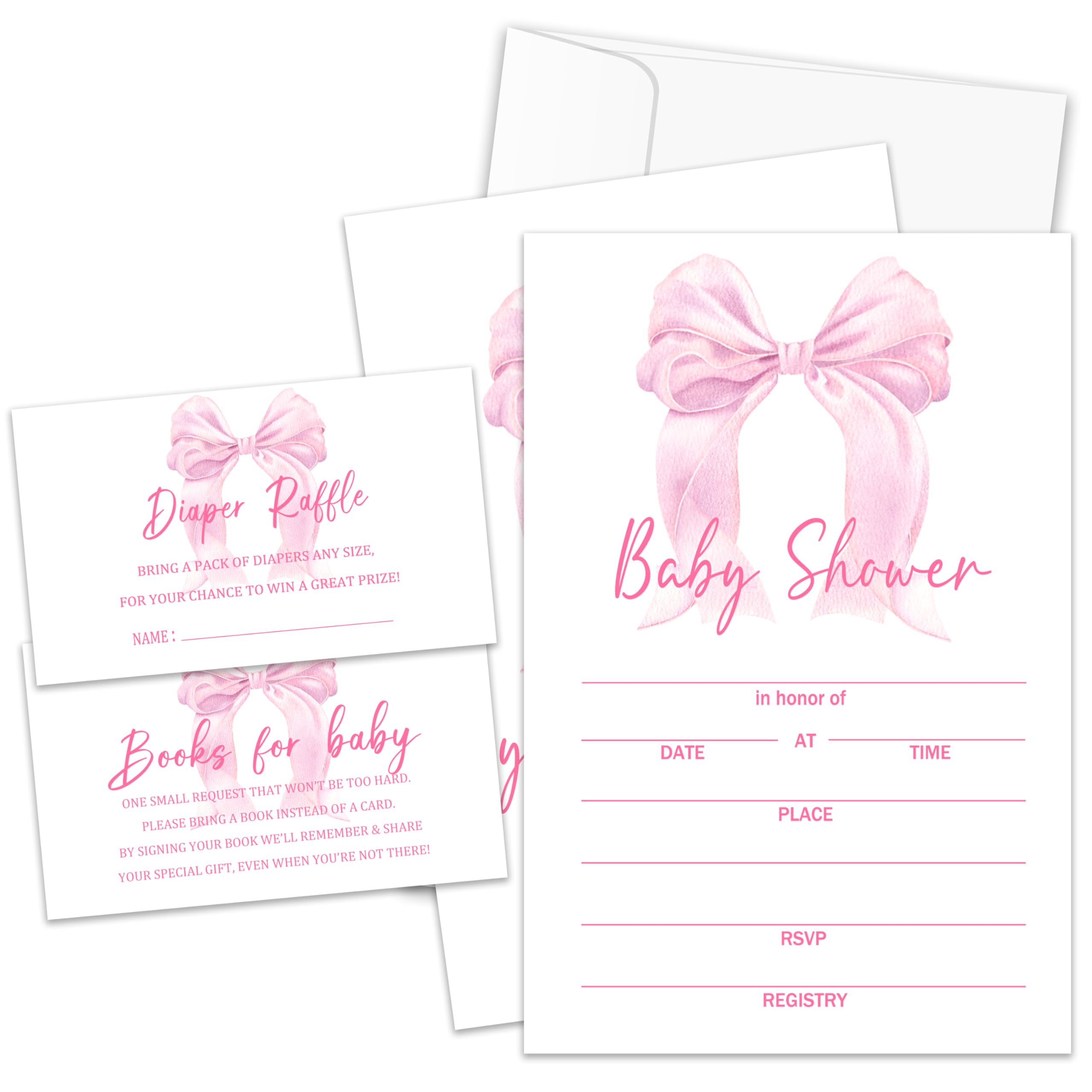 yutogan Pink Bow Baby Shower Invitations For Girl, Girls Baby Shower Invites Cards with Envelopes, Gender Reveal Invitations, Diaper Raffle Tickets(25