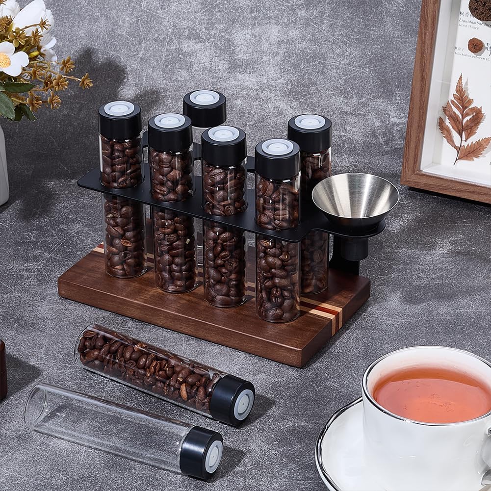 UNICRAFTALE 8 Single Dose Coffee Bean Storage Tubes with Walnut Wooden Display Stand and Hopper Coconut Brown Coffee Bean Display Stand for Cafe Tea Spices 4.21"x8.66"x3.42"