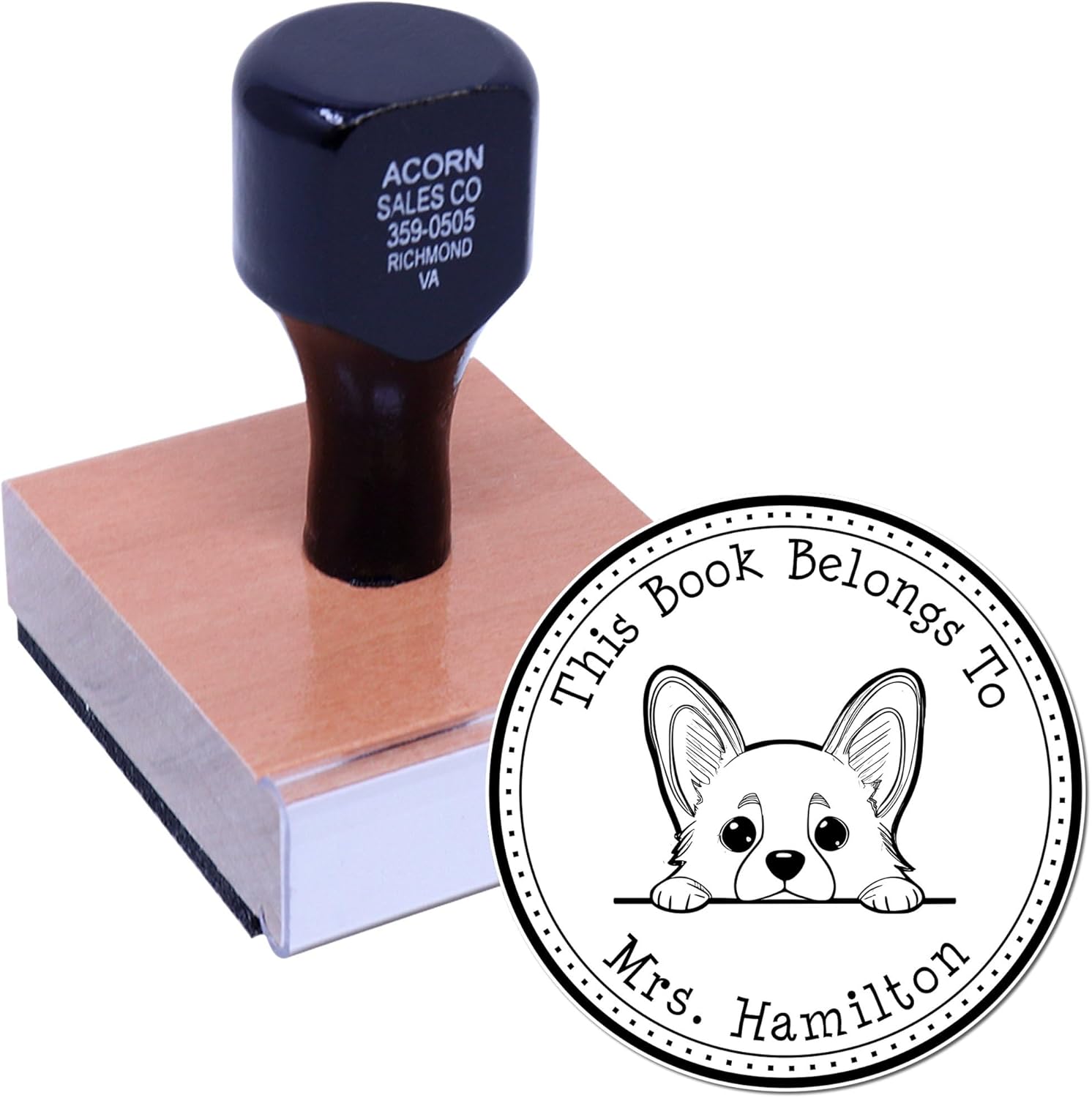 Customized Corgi Dog Stamp for Teachers, Personalized Book Stamp, 1-5/8 in Diameter, Ideal for Classroom Use, Wood Handle, Use with Ink Pad - Unique Corgi Design Teacher Appreciation Gift