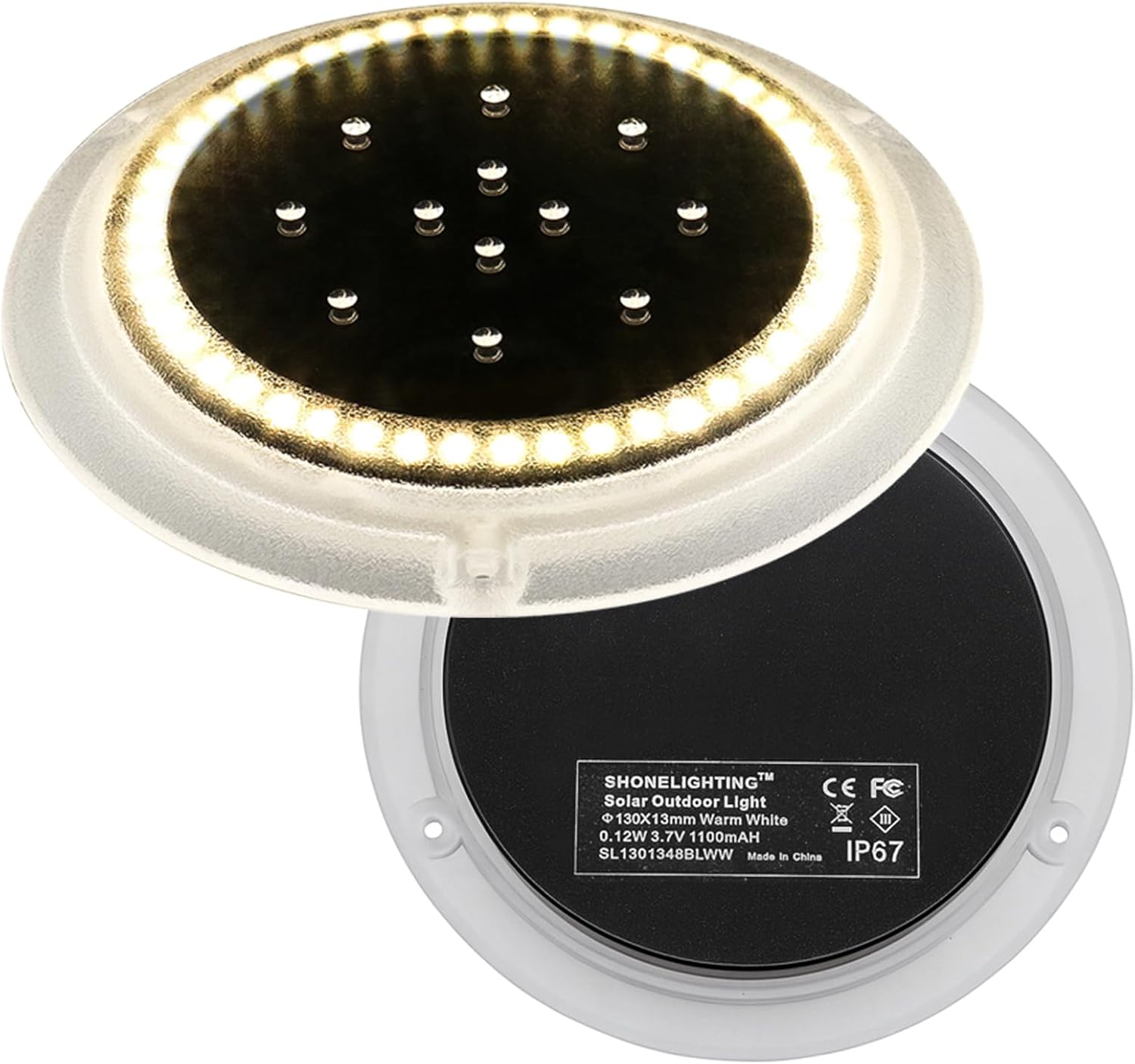 SHONELIGHTING Solar Dock Lights, Upgraded 48 LEDs Super Bright Disc Driveway Light, Outdoor Waterproof Flat Low Profile, Anti-Trip & Anti-Slip for Marine, Ground, Pool, Pier, Deck (Warm White, 2Pack)