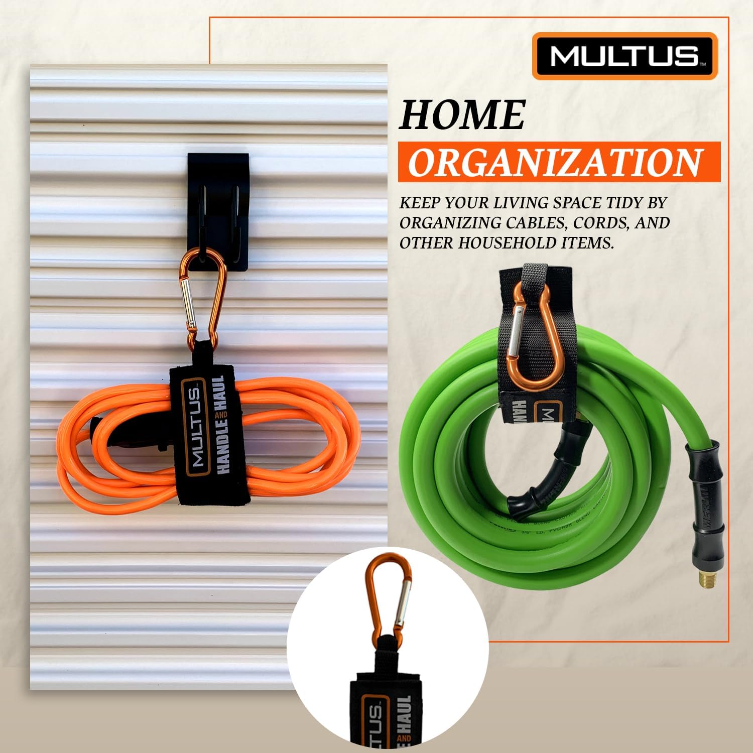 MULTUS Hook and Loop Caribiner Storage Strap for Home Shop Garage to Organize Electric Cords Tools Ropes Cable Strap Hoses Groceries and Travel Strap 17 Inch - 5 Pack