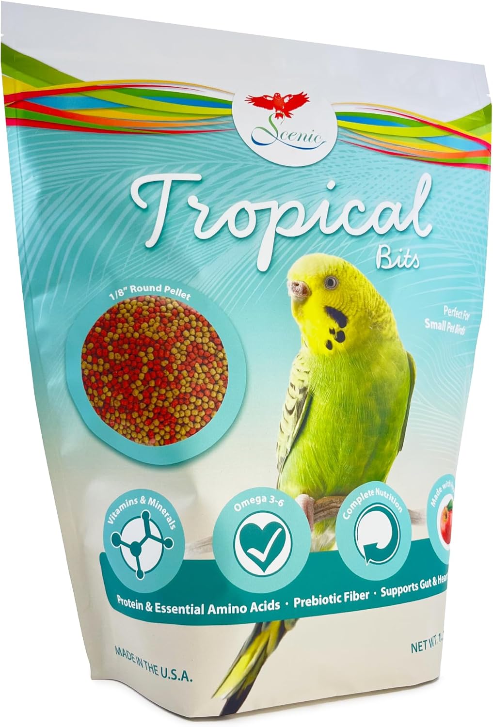 Scenic Tropical Bits Small Pet Bird Food - 3.5 lb (2 x 1.75 lb Bags) - 1/8" Bird Pellets - Complete Nutrition for Cockatiels, Budgies, Lovebirds, Conures & Lories
