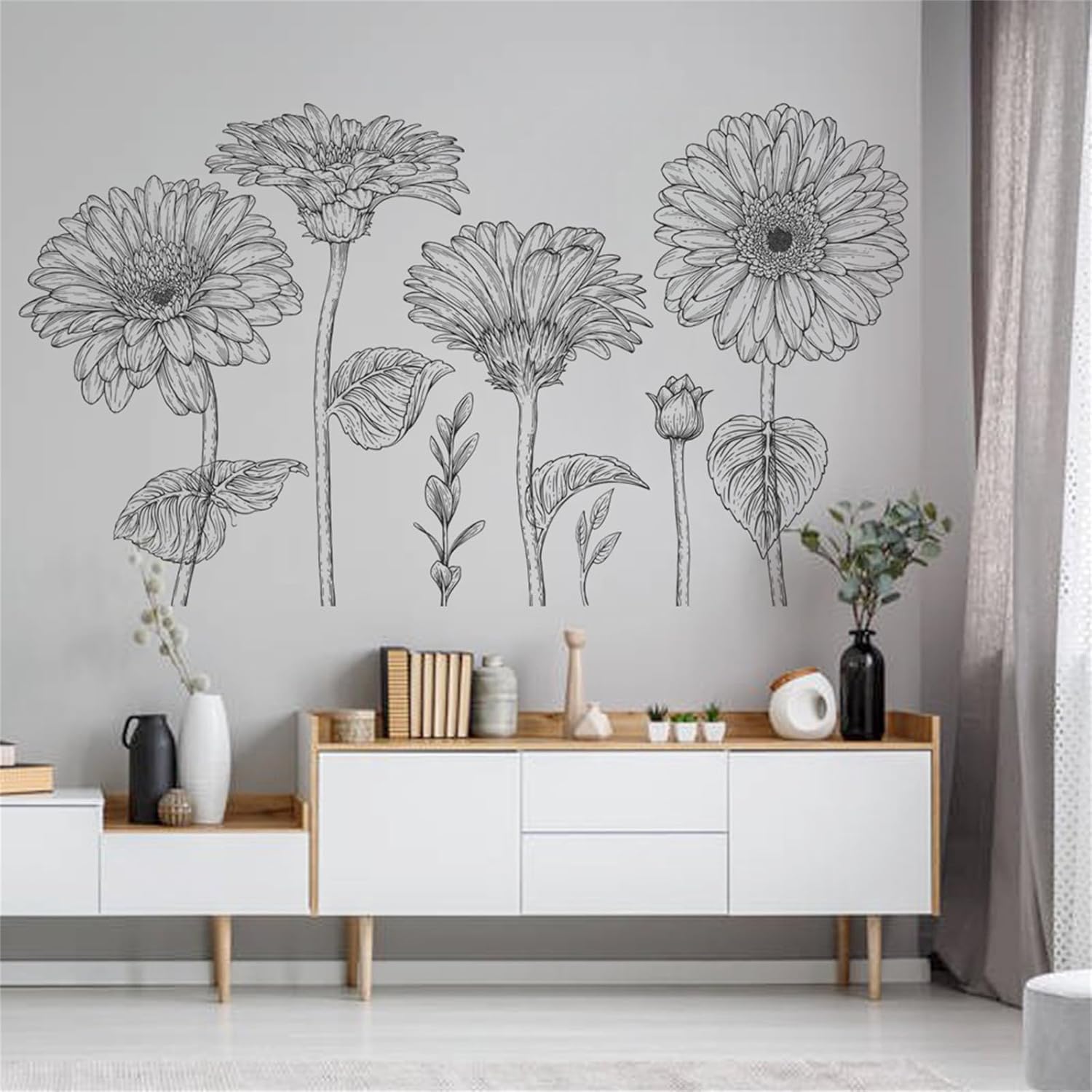 Large Flower Wall Decals Peel and Stick Black and White Daisy Flower Stickers Murals Floral Wall Decals for Bedroom Office Bathroom Living Room Decor Removable Wall Art Decoration