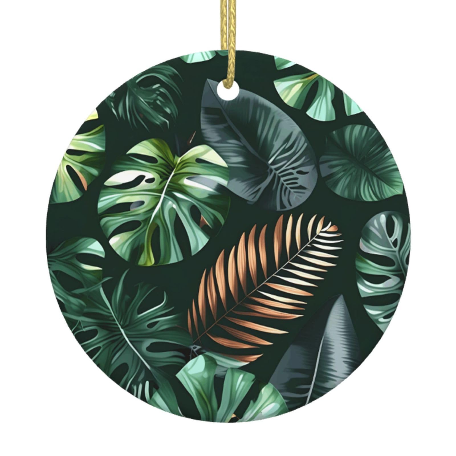 Tropical Leaves Print Christmas Ornaments, Ceramic Hanging Ornament, Round Shape Decorations