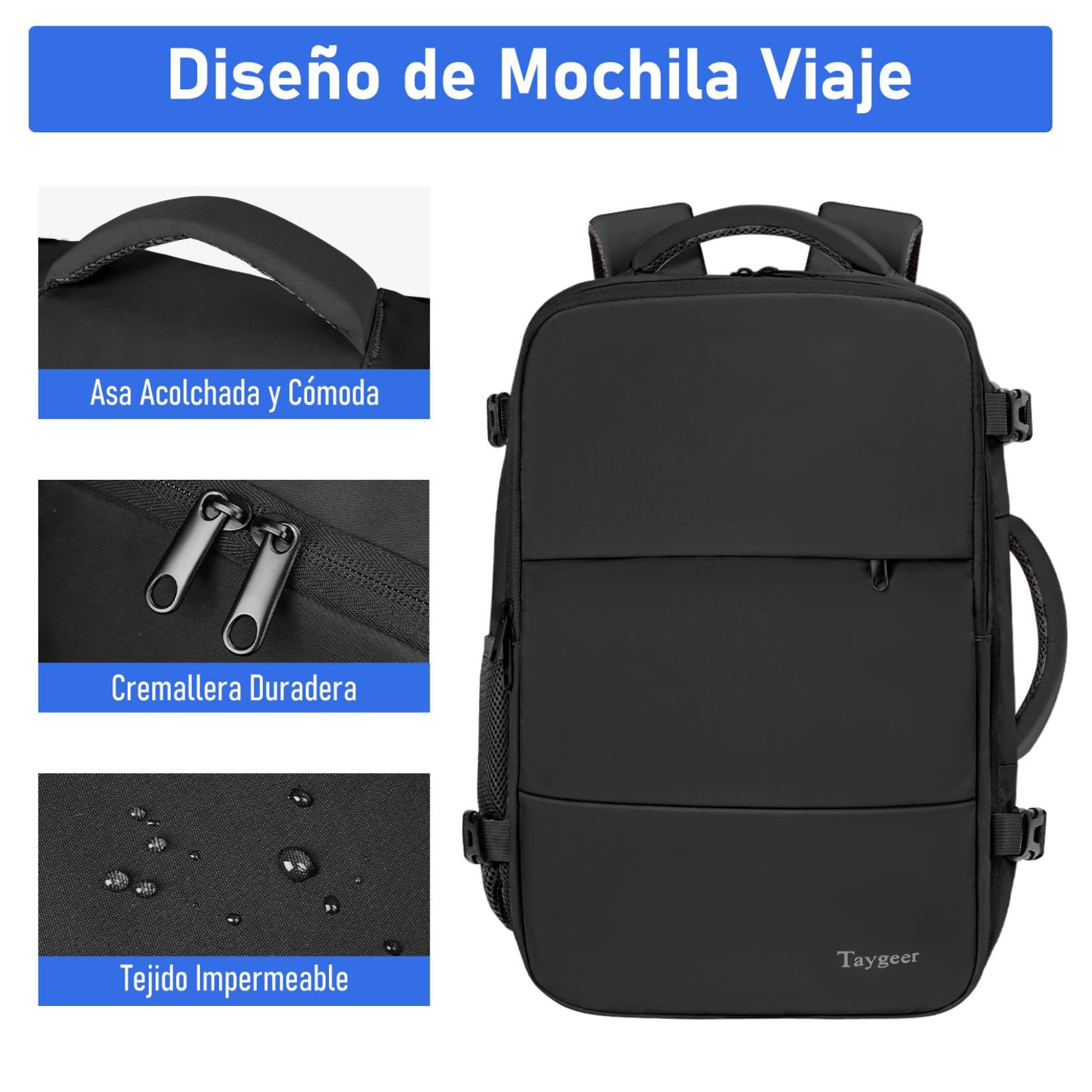 Taygeer Mochila 40x30x20 Ryanair con Bolsa para Zapatos, Mochila Cabina 40x30x20 Portatil 15.6" con Bolsa Impermeable Maletas de Viaje 24L Equipaje de Mano Mujer Hombre para Uso Diario, Viaje, Negro