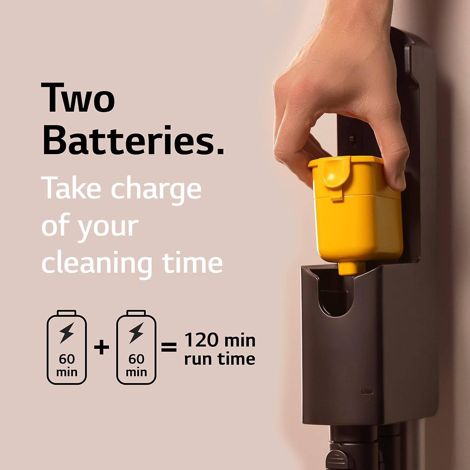 Two batteries for LG CordZero A927, indicating 120 minutes run time
