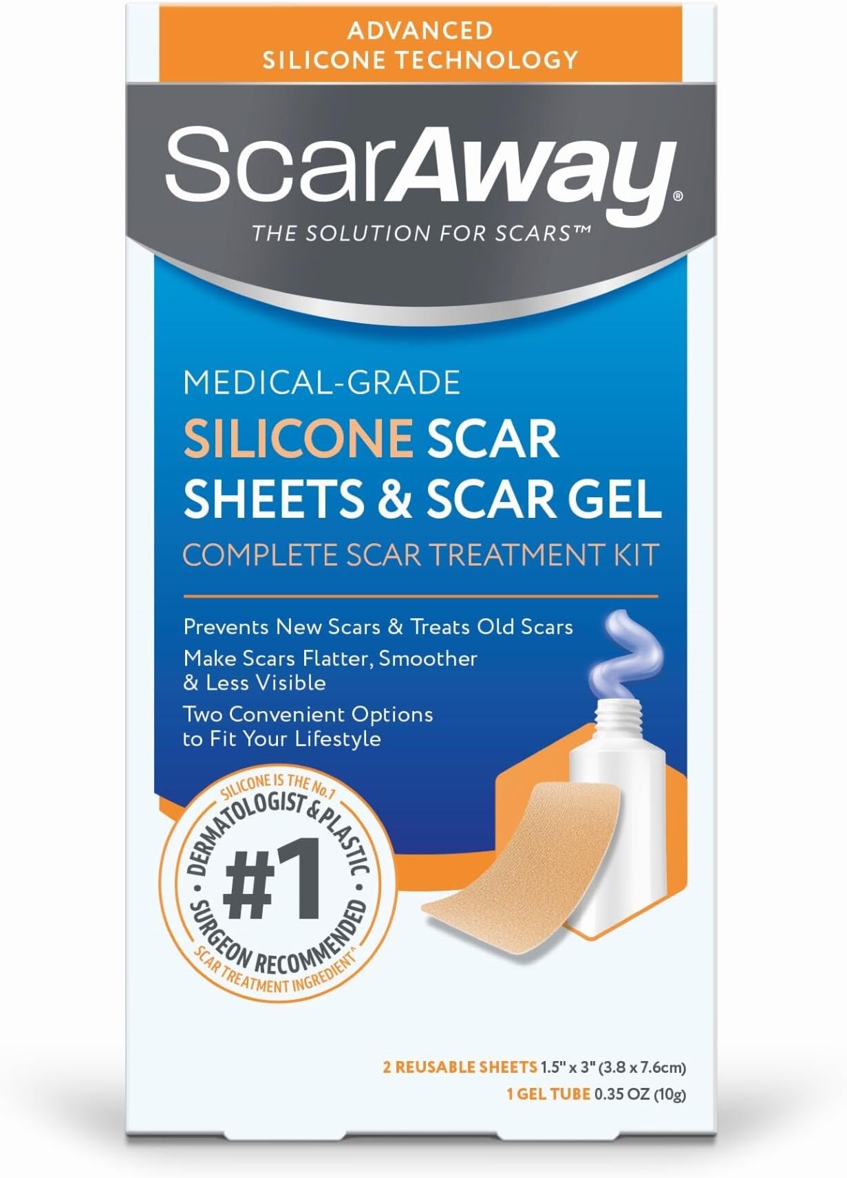 Complete Scar Treatment Kit, Clinically Supported Treatment (Pack of 2) Tan Medical-Grade Silicone Scar Sheets (1.5" x 3") and Silicone Gel (0.35 Oz), Water-Resistant & Self-Adhesive