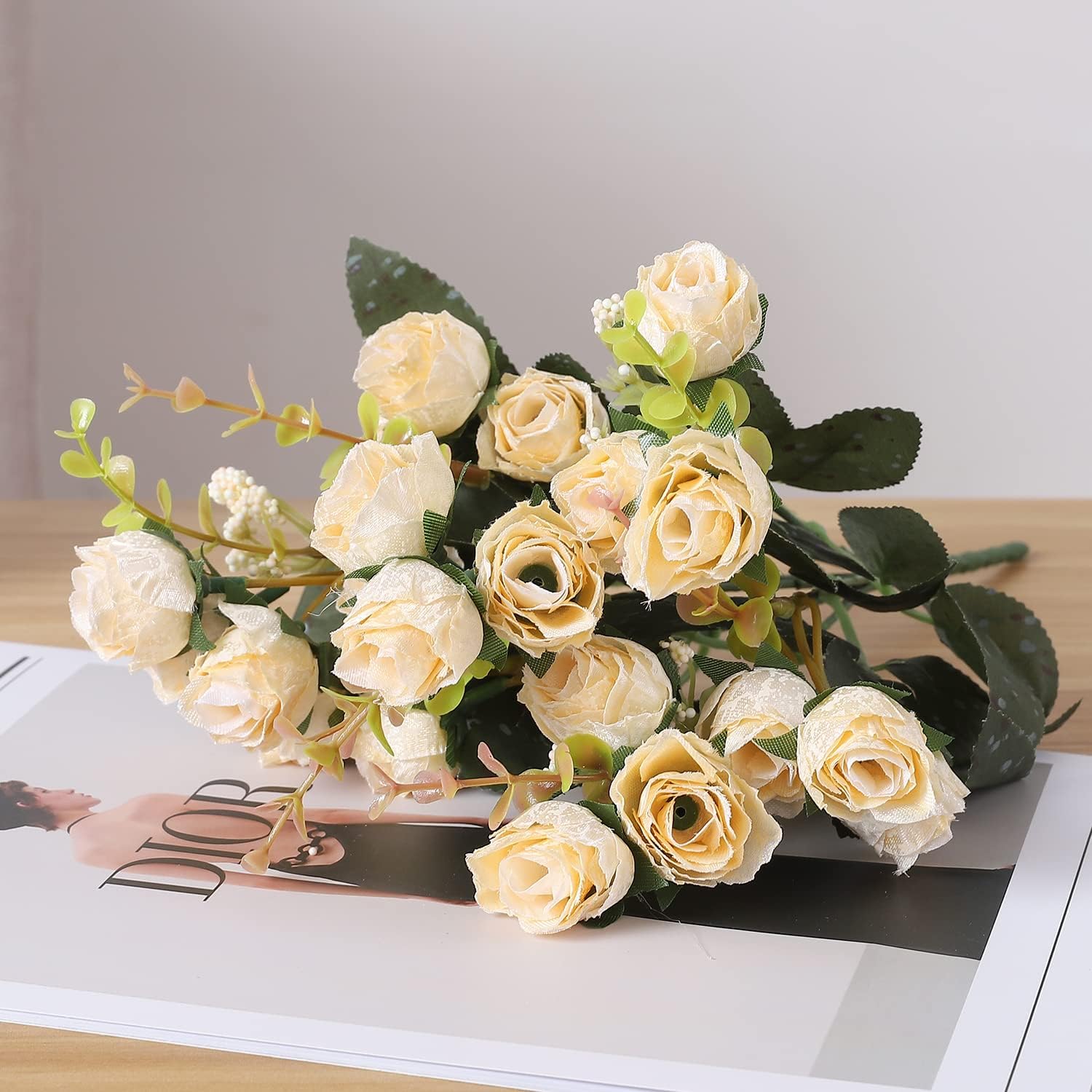 Duovlo 7 Branch 21 Mini Rose Heads Artificial Flowers Bouquet Wedding Home Office Decor,Pack of 2 (2 PCS Champagne) image 3