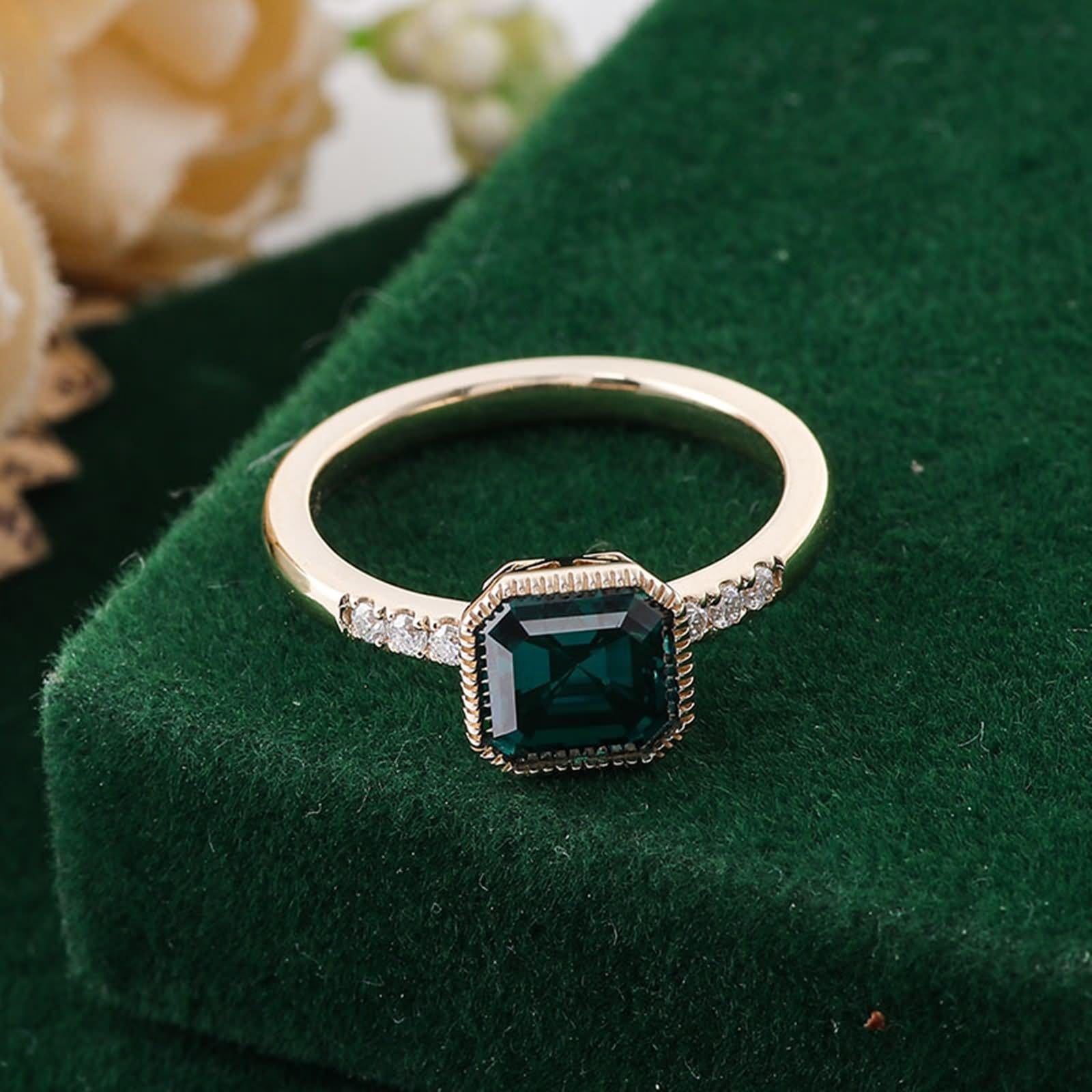 Anillos para mujer dedo medio, anillo de boda cuadrado con verde esmeralda fabricada en laboratorio