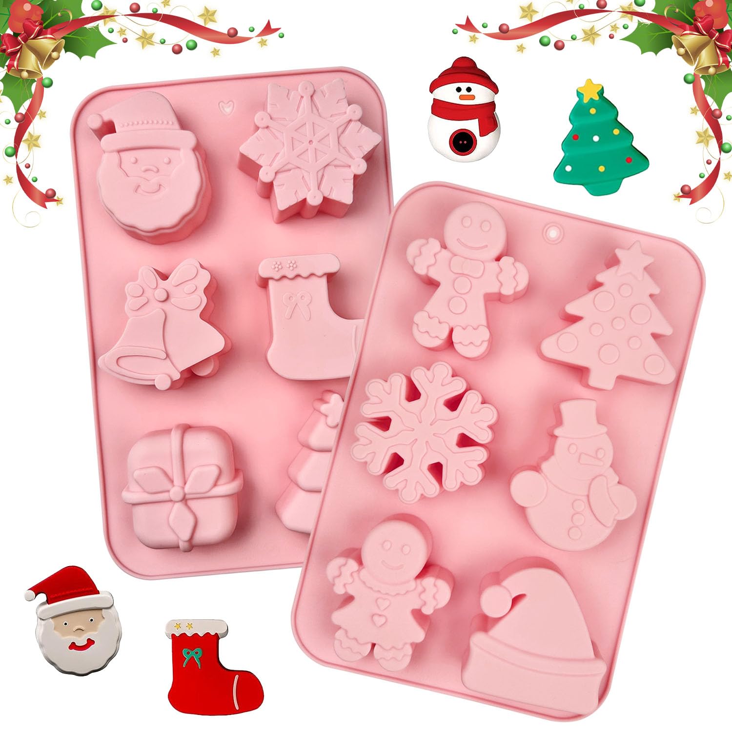 2 Stampi In Silicone Per Cioccolato Natale Con 6 Cavità - Stampi Natalizi A Tema: Albero, Pupazzo, Babbo Natale, Per Torte, Gelatine E Sapone - Mein HERZ