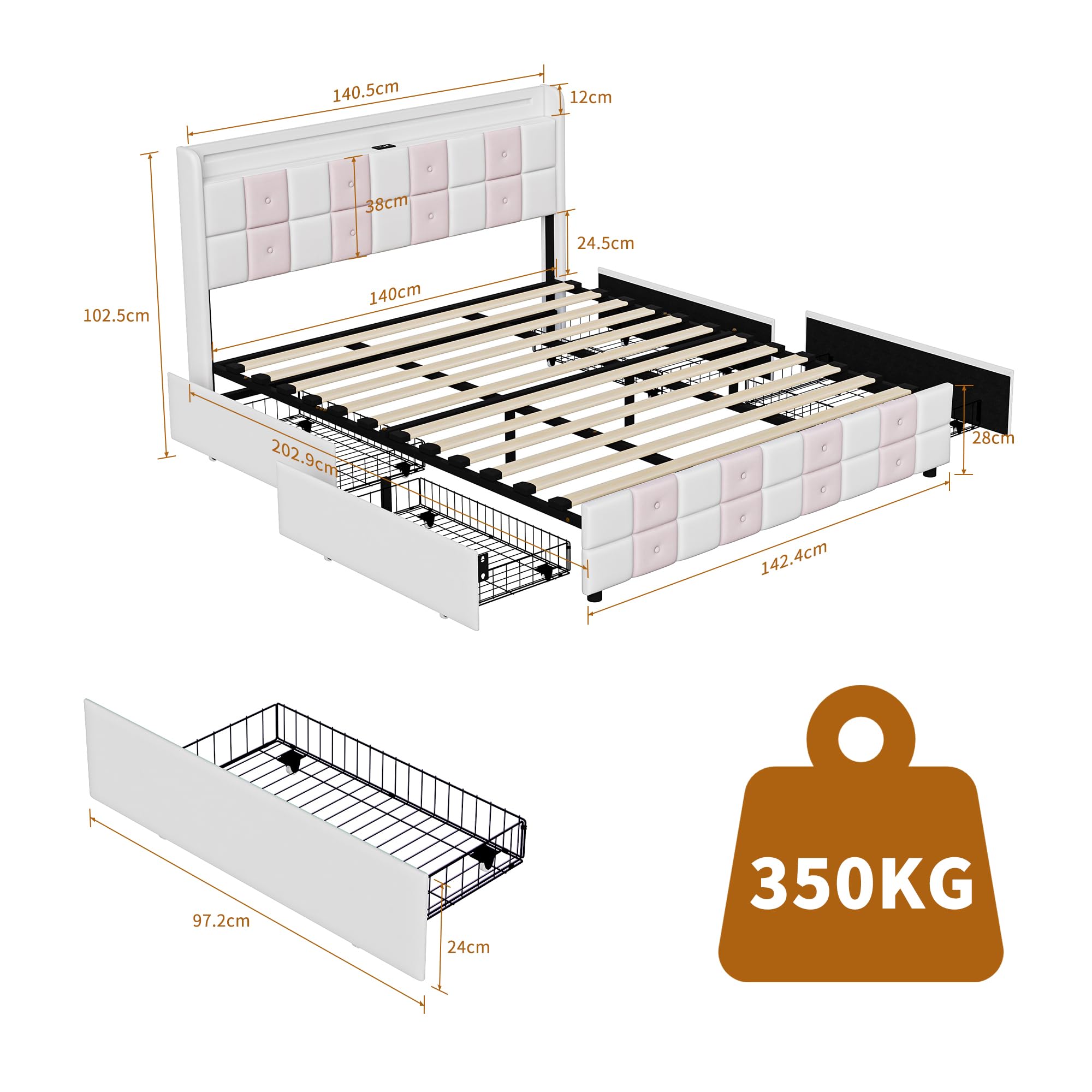 CDQL Łóżko tapicerowane 140 x 190 cm z 4 szufladami, zagłówek ze złączem USB i oświetleniem LED, podwójne łóżko ze stelażem, łóżko dla dziewczynki, łóżko funkcyjne, aksamitne, białe i różowe