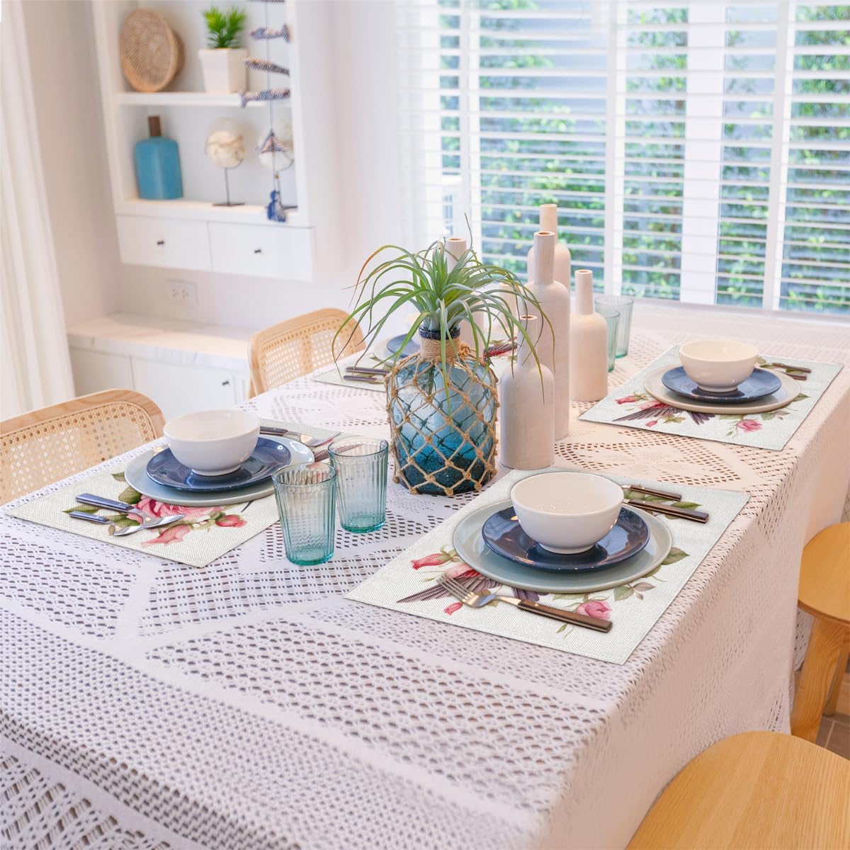 Flower Floral Hummingbird Placemats Set of 4 Decorative Dinner Place Mats Washable Table Mat for Gifts, Holiday, Birthday Party, Wedding & Dining