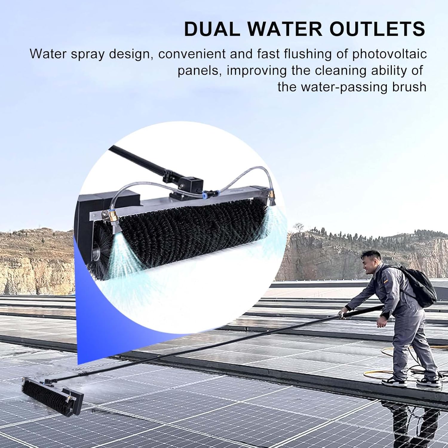 Electric Solar Solar Panel Cleaning, 60cm Roller Brush, Extendable Water Supply Pole Kit, 3.5 Telescopic Pole, Outdoor Roof Glass Washing Equipment Tool
