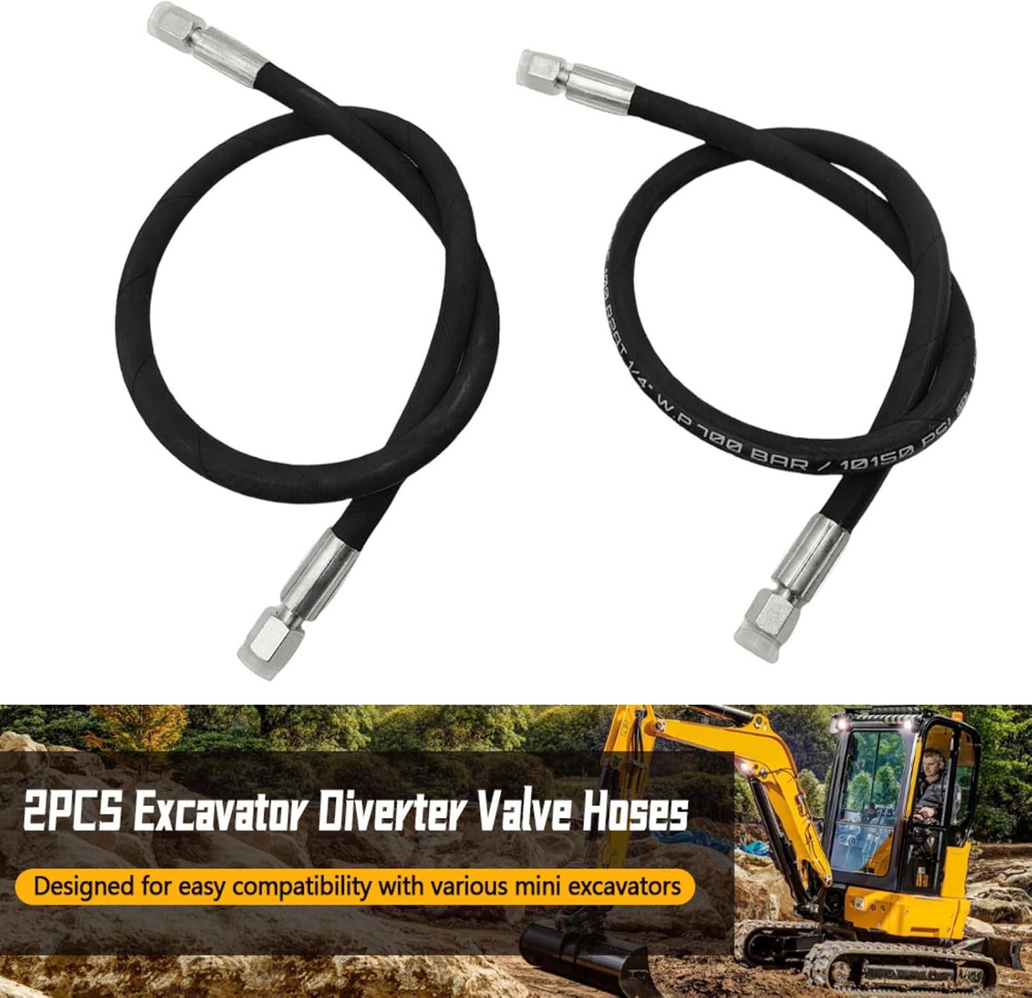 32 Inch Excavator Diverter Valve Hoses for 1-2 ton Chinese Mini Excavator, 1/4 Inch Interface Flexible Hoses Fits M14 Hose, 60MPa/8702PSI, 2 Pcs