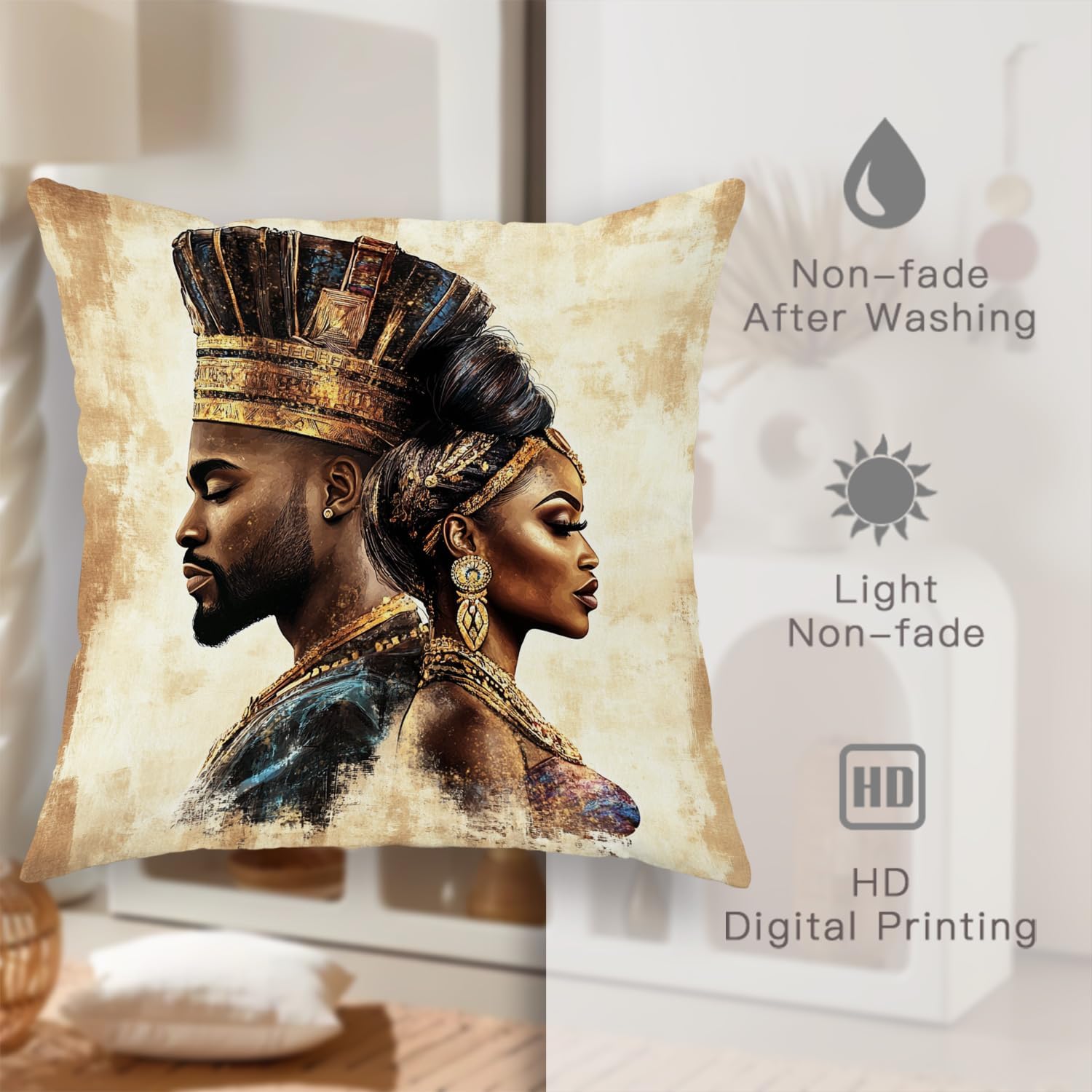 African Queen Throw Pillow Covers Set of 2, Elegant Gold and Black Decorative Cushion Cases, Cultural Inspired Home Decor for Sofa Couch Bedroom 26x26 Inch