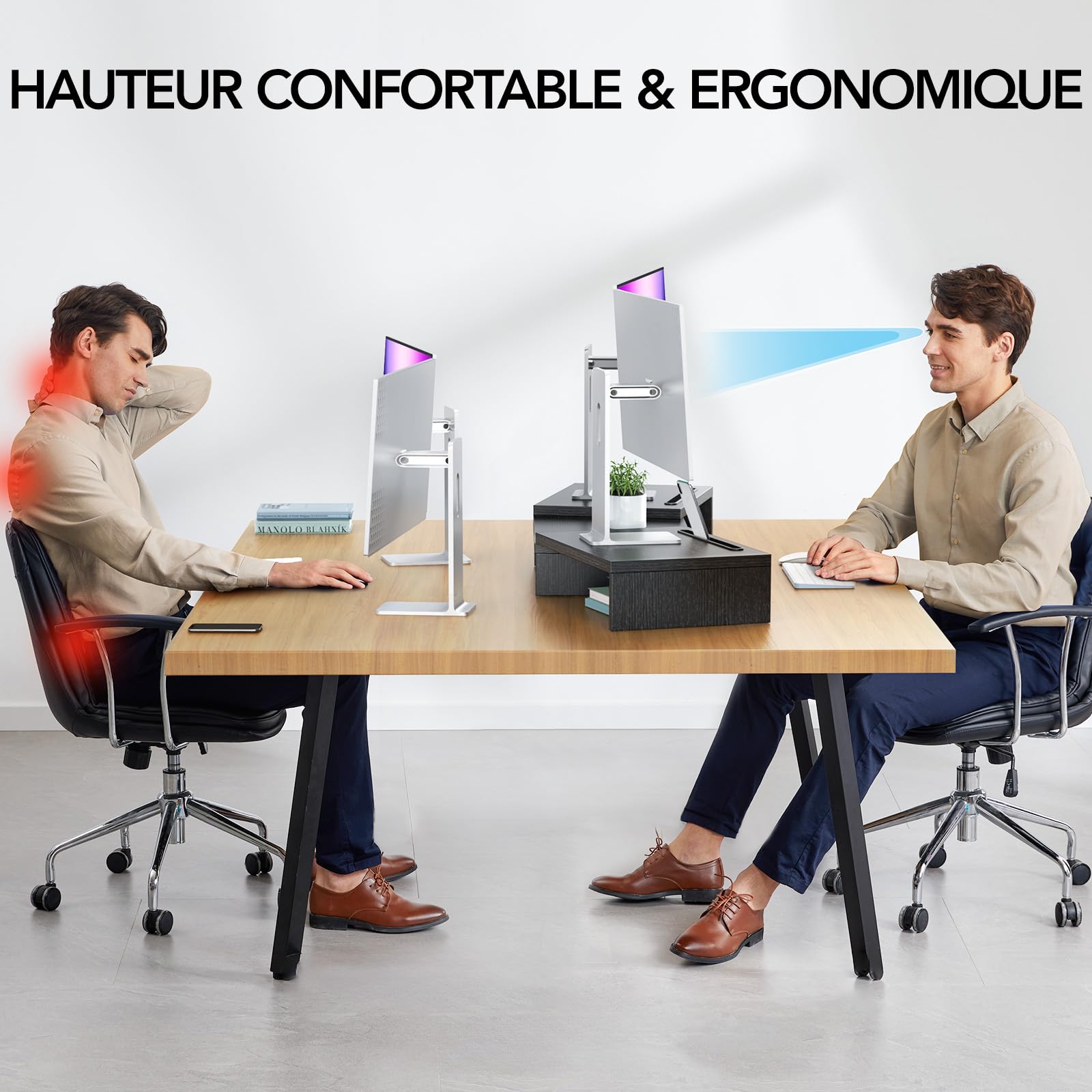 HUANUO Support Moniteur Double, Rehausseur Ecran PC Bureau avec 2 Emplacements, Rehausseur Ecran, Support Polyvalent Écran PC, Laptop, PC, Noir