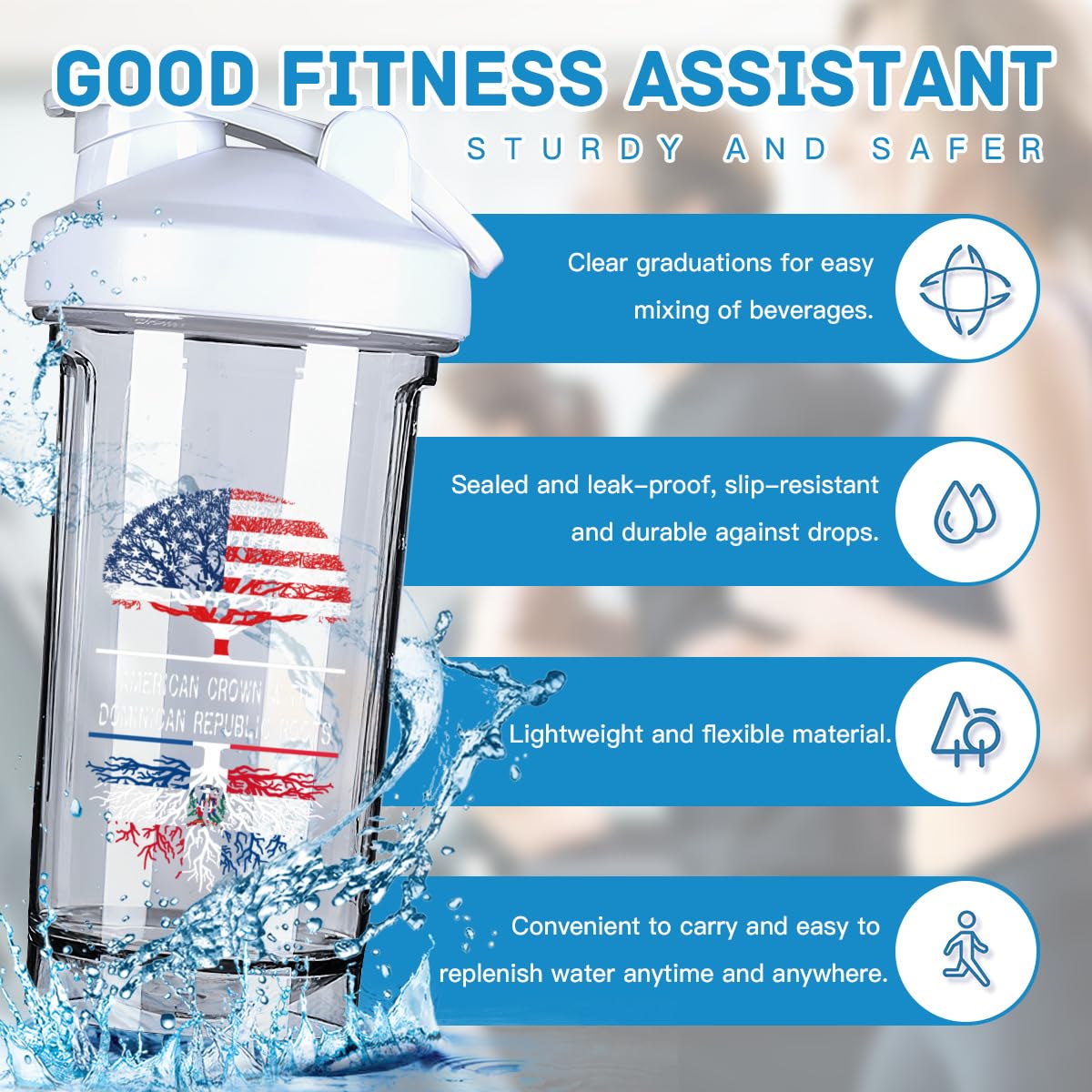 America Crown With Dominican Republic Roots 18 Ounce Shaker Cup,Fashion Theme Pattern Shaker Bottle Leak-proof Workout Shake Bottles 500ML/18 oz Perfect for Pre Workout