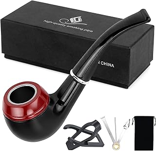 Hysagtek Tobacco Pipe Set - Short Handle Curved Smoking Pipe with Foldable Pipe Stand Holder, Perfect Beginner Pipes Kit with Gift Box Travel Tobacco Pouch and Accessories