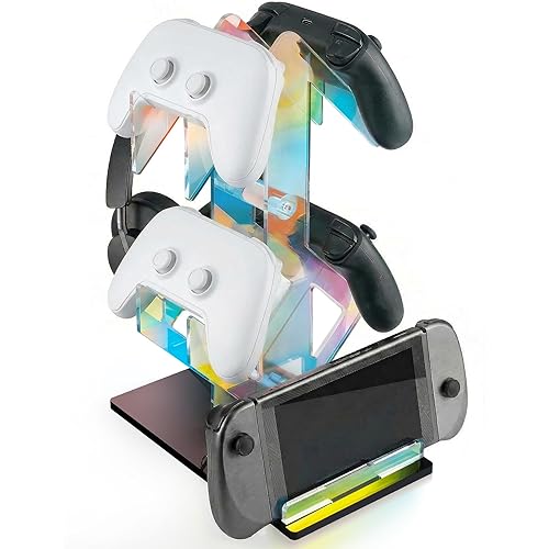 NiHome Iridescent Acrylic 2-Tier Universal Game Controller Headset Holder Rack, Modern Storage Organizer for PS5 Xbox ONE Switch Game Controllers and Headphones Anti-Slip Stable Gaming Accessory Stand