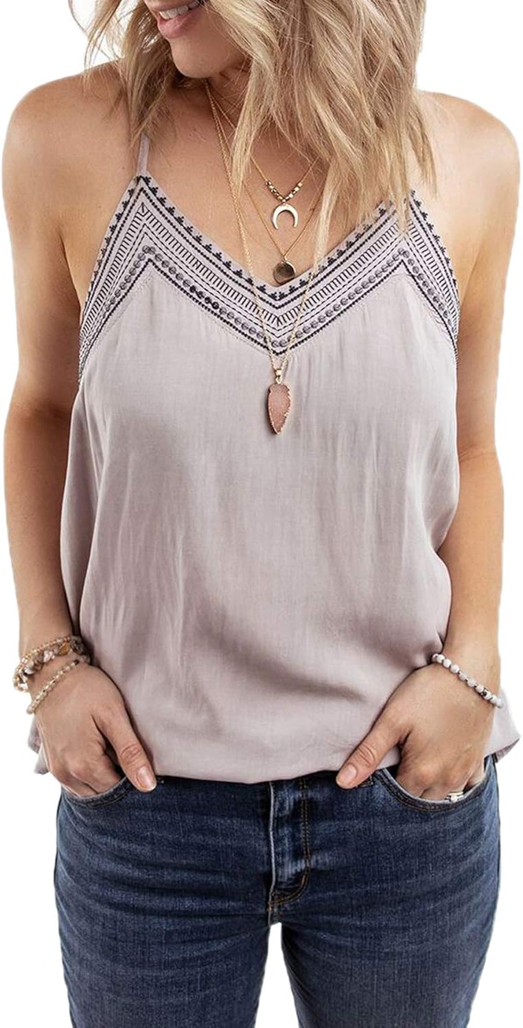 Shawhuwa Womens V Neck Strappy Tank Tops Summer Sleeveless Loose Casual Shirts Blouses