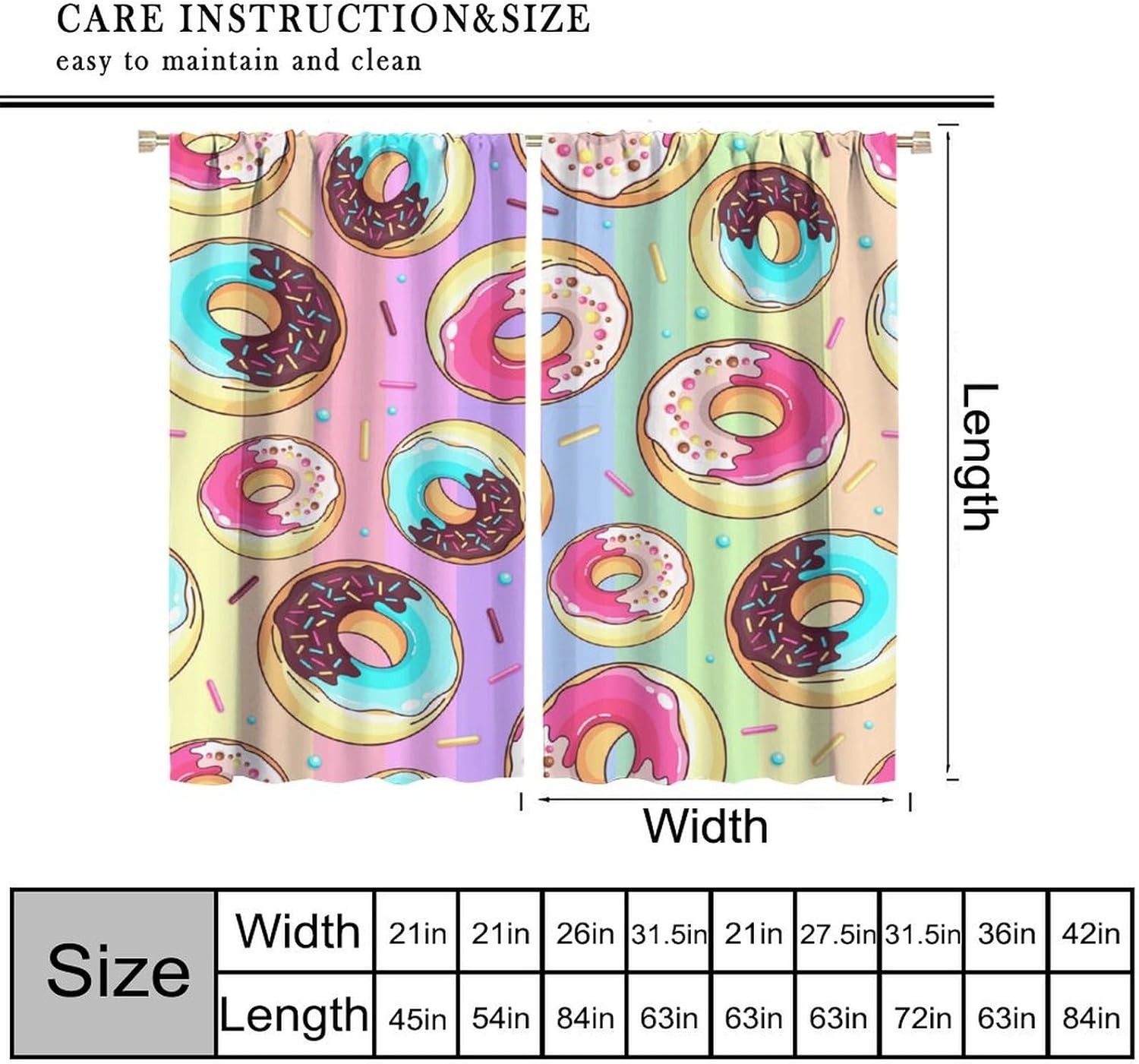 Rainbow Donut Curtains Rainbow Color Cartoon Dessert Kids Bedroom Modern Decoration Cake Rod Pocket Blackout Window Treatment for Kitchen Cafe Home Decor Window Drapes 55" W X 63" L
