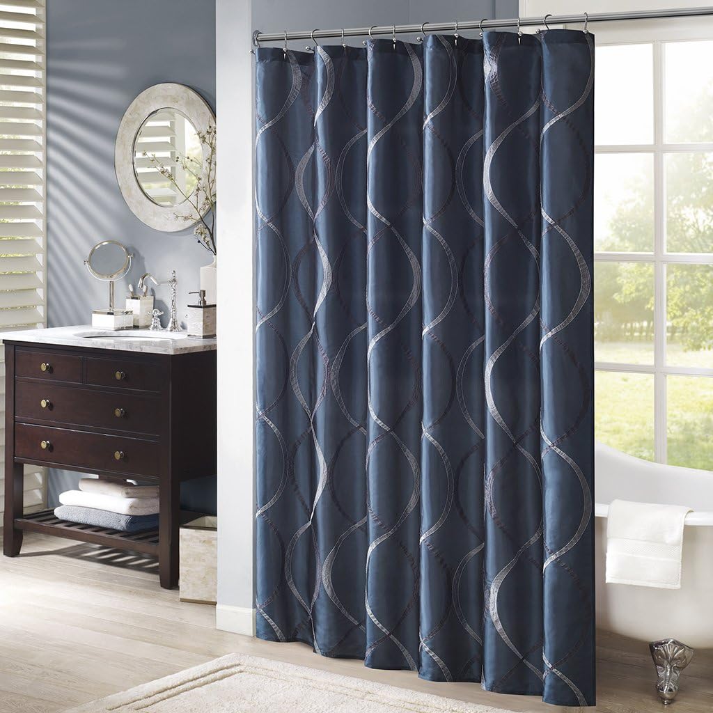 Madison Park Serendipity Shower Curtain, Embroidery Ogee Design, Modern Bathroom Decor, Machine Washable, Fabric Privacy Screen 72x72, Blue