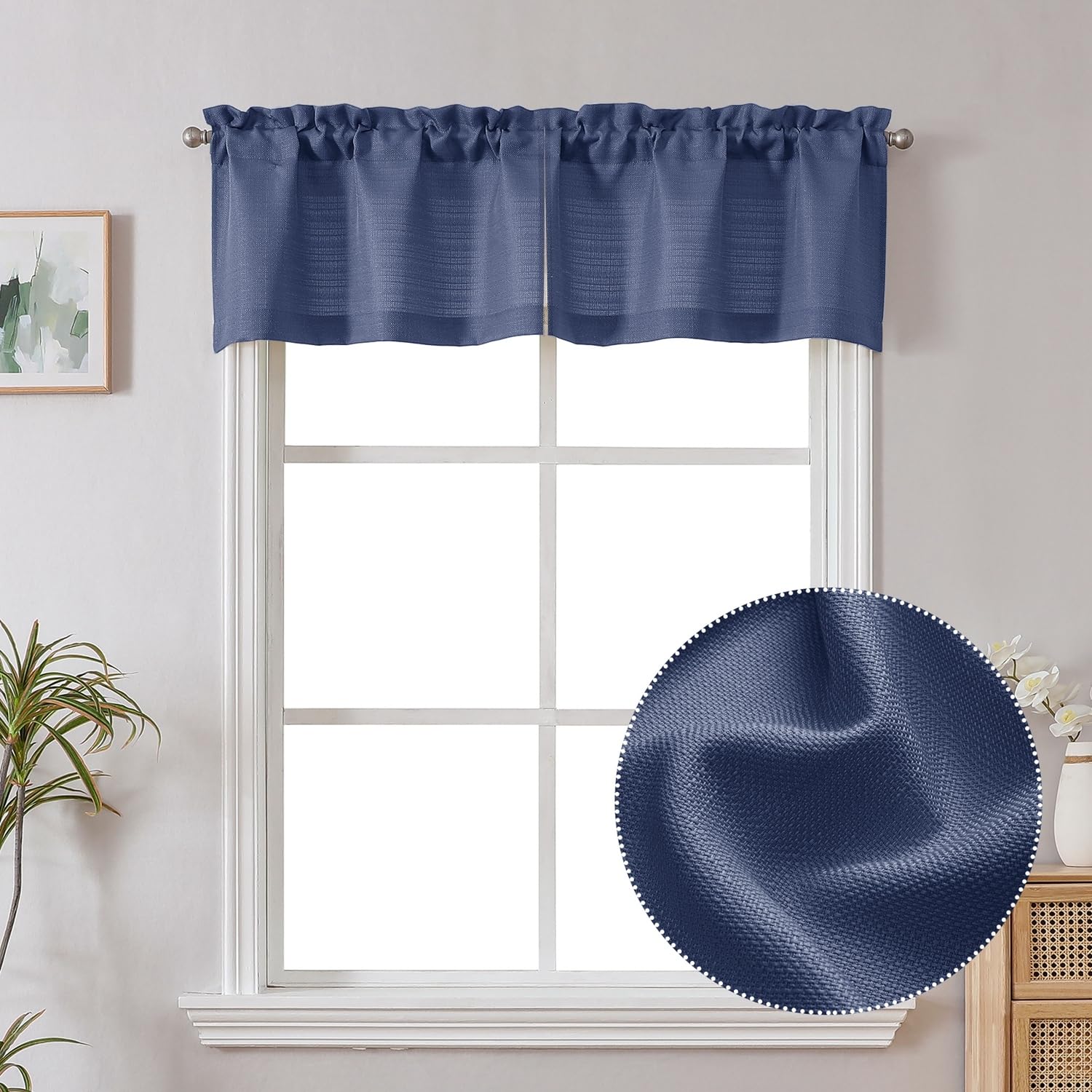 Chyhomenyc Bennet Blue Valance for Windows, Faux Linen Slub Textured Semi Sheer Small Window Kitchen Valance Curtain, Rod Pocket Cafe Valance for