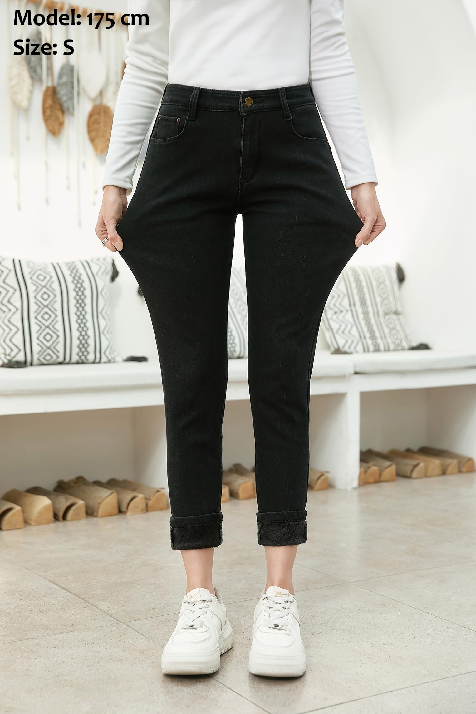 Merlvida Thermo Jeans damskie dżinsy z wysokim stanem, z podszewką ze stretchu, termiczne, push-up, ciepłe, zimowe, z polarem