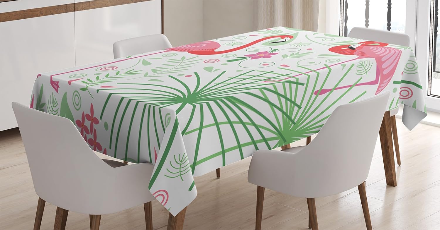 Ambesonne Nautical Tablecloth, Floral Pattern Flamingo Botany Greenery Floral Romantic Feminine Design Art, Rectangular Table Cover for Dining Room Kitchen Decor, 52" X 70", White Green 52" X 70" White Green