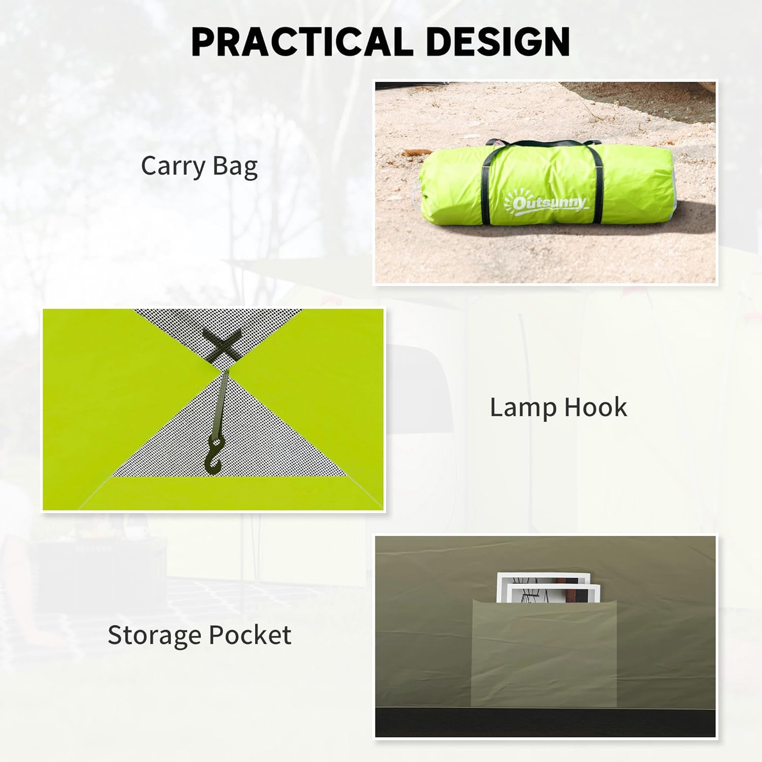 Practical design features of the Outsunny tent including carry bag, lamp hook, and storage pocket.