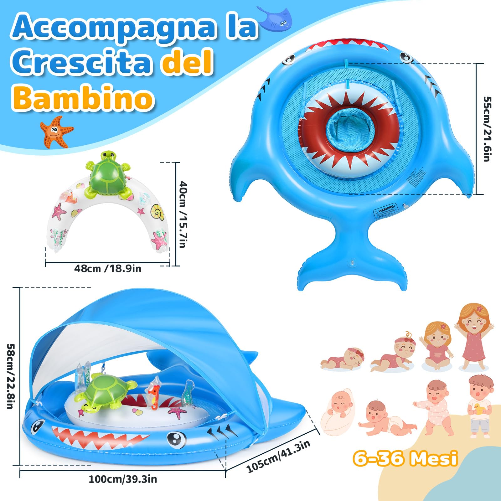 IEEILULU Salvagente Neonato, Ciambella Neonato Mare con Parasole Olare Rimovibile UPF50+, Salvagente Bambino con Giocattolo a Forma C Della Tartaruga e Adesivo Riparazione per Bambini da 6 a 36 Mesi