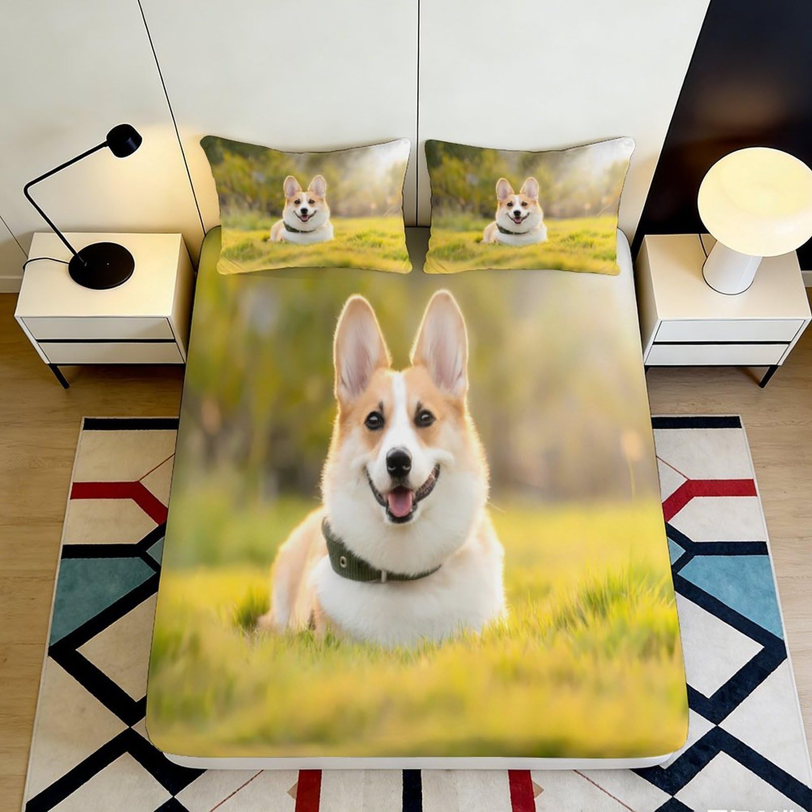 3D Printed Corgi Meadow Fitted Sheet Microfiber Anti-Slip Bed Cover for Bedroom Guest Room Machine Washable Decor 90x200x25cm
